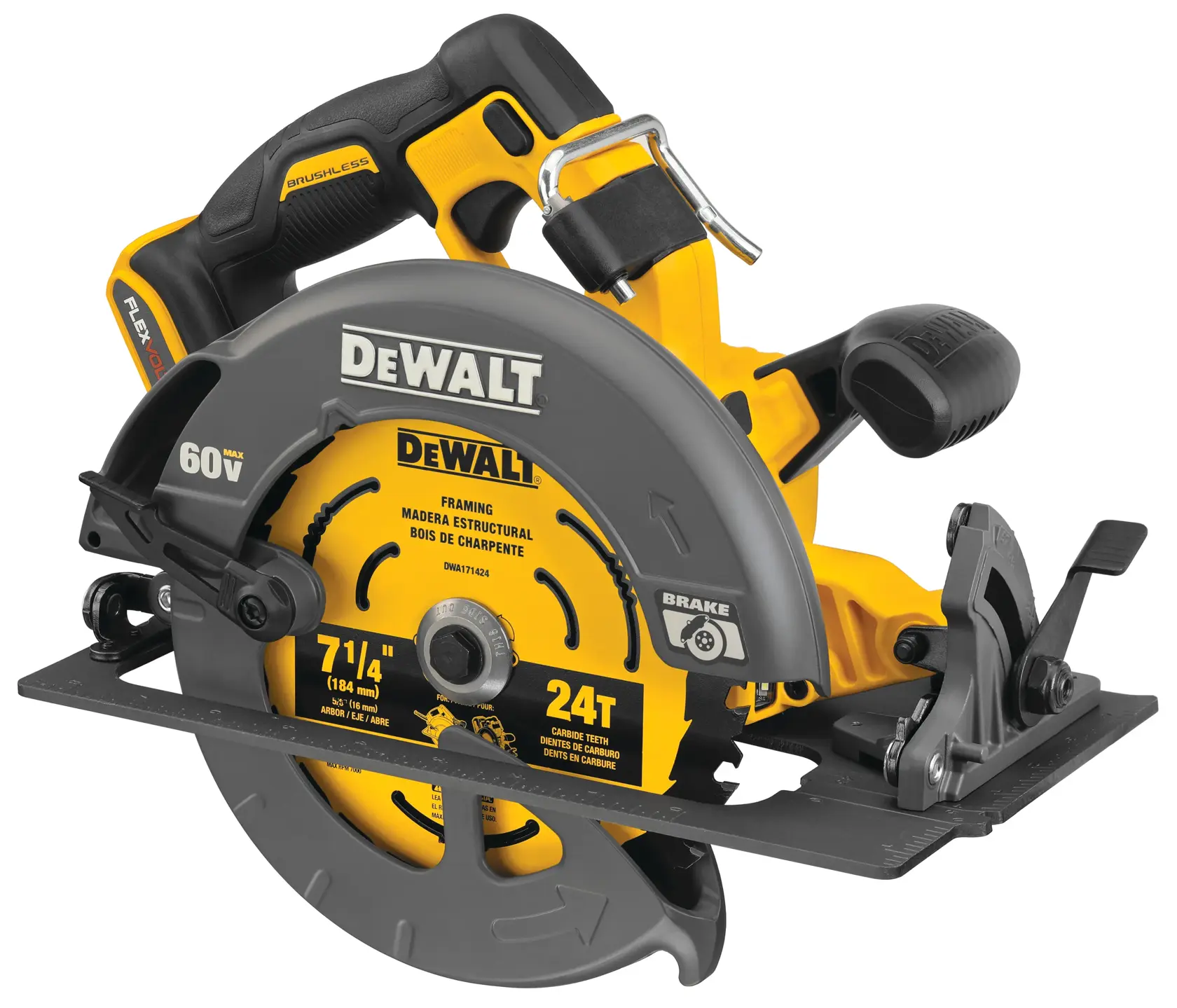 A DEWALT cordless circular saw, featuring a yellow and black design, brushless motor, and a 7-1/4 inch blade for framing. The saw has a FLEXVOLT 60V Max logo and ergonomic handle, suitable for construction and woodworking tasks.