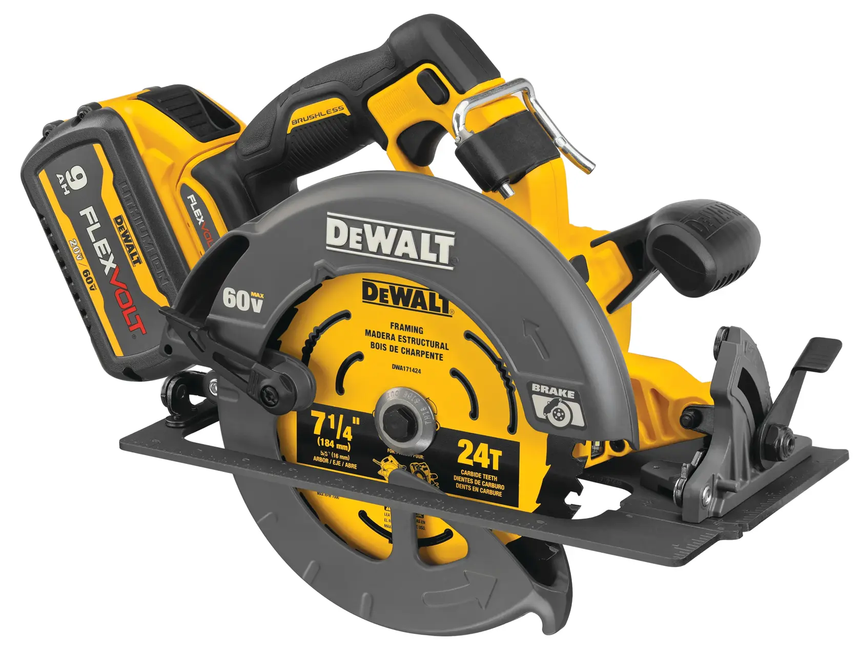 A DEWALT DCS578X1 60V cordless circular saw with a FlexVolt 9.0 Ah battery attached. The tool features a yellow and black design, a brushless motor, and a 7-1/4 inch (184 mm) blade designed for framing tasks.