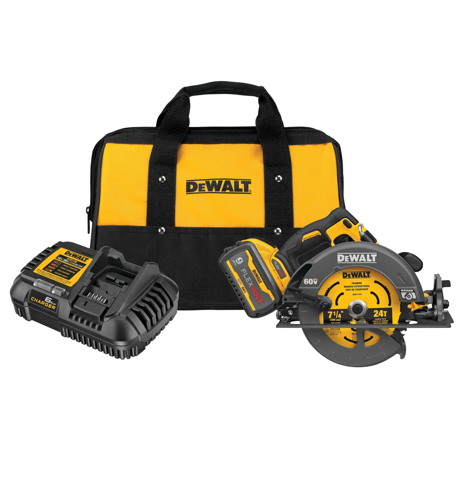 A DEWALT-branded tool kit including a yellow and black carrying bag, a cordless circular saw with battery, and a battery charger.