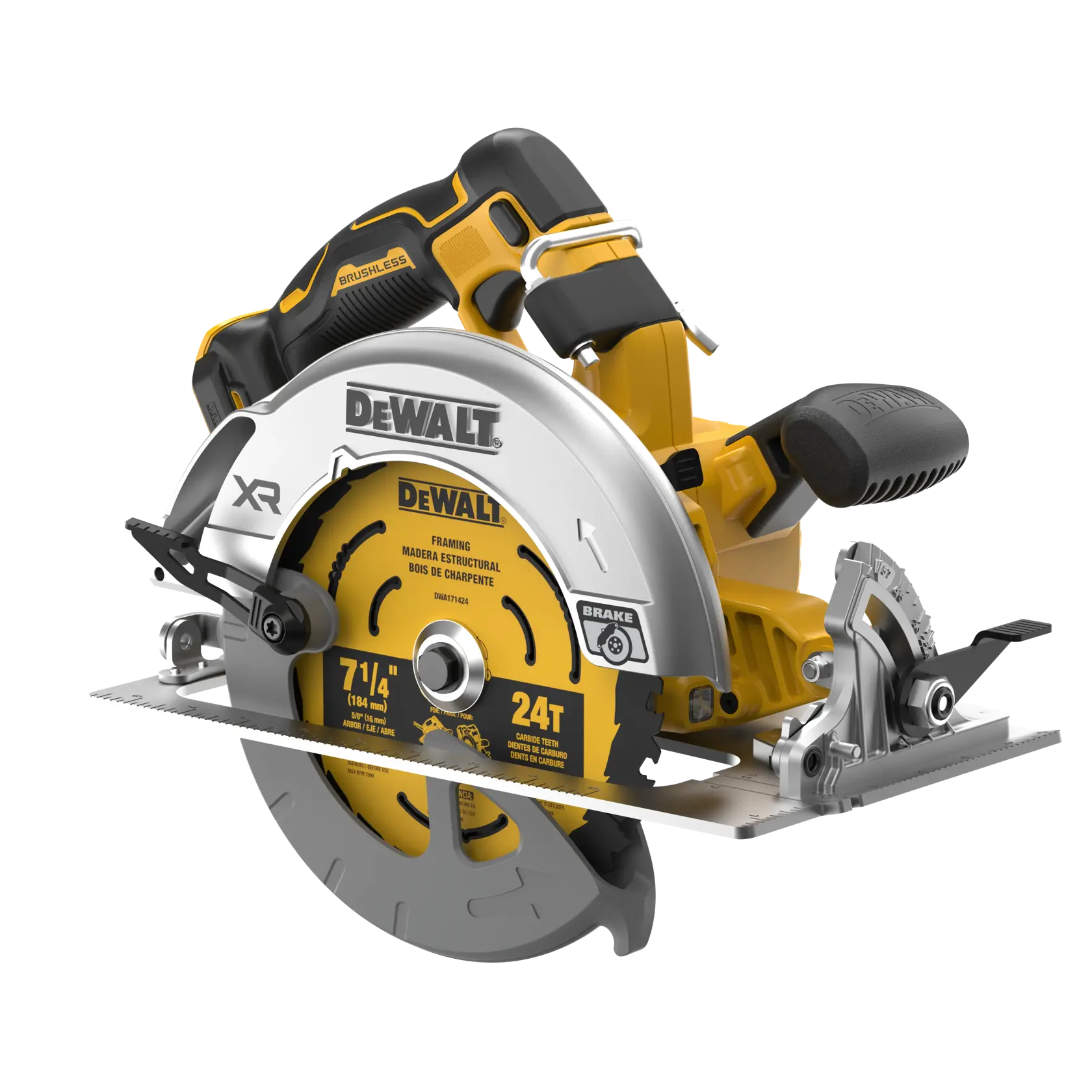 A DEWALT cordless circular saw with a yellow and black design, used for framing and wood cutting, featuring a brushless motor and a 24-tooth blade.