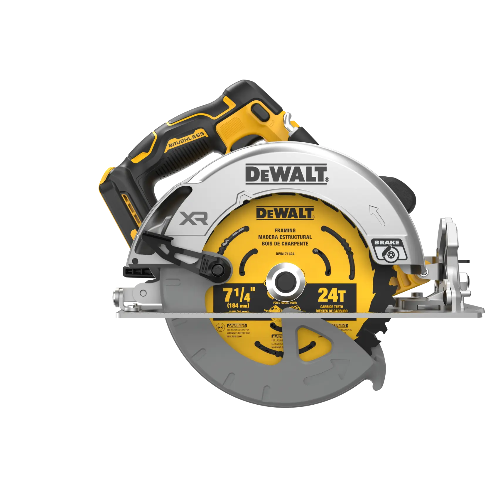 A DEWALT cordless circular saw with a yellow and black handle, labeled 'Brushless' and 'XR'. The saw blade is marked 'DEWALT Framing', '7 1/4 inch (184 mm)', and '24T'. The saw is designed for framing and features a prominent blade guard.