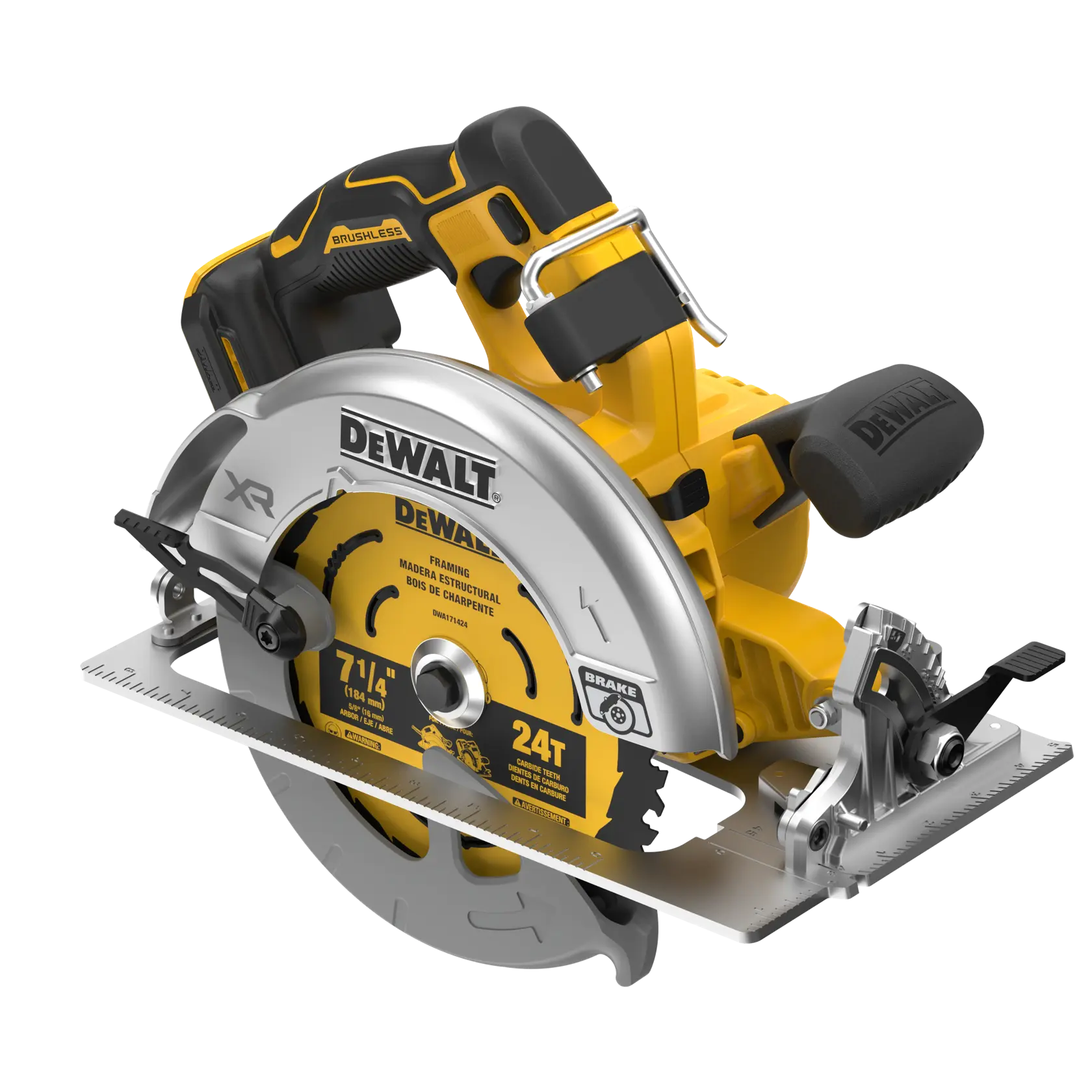 A DEWALT cordless circular saw with yellow and black design, showing a brushless motor, ergonomic handle, and a 7-1/4 inch framing blade with 24 teeth.
