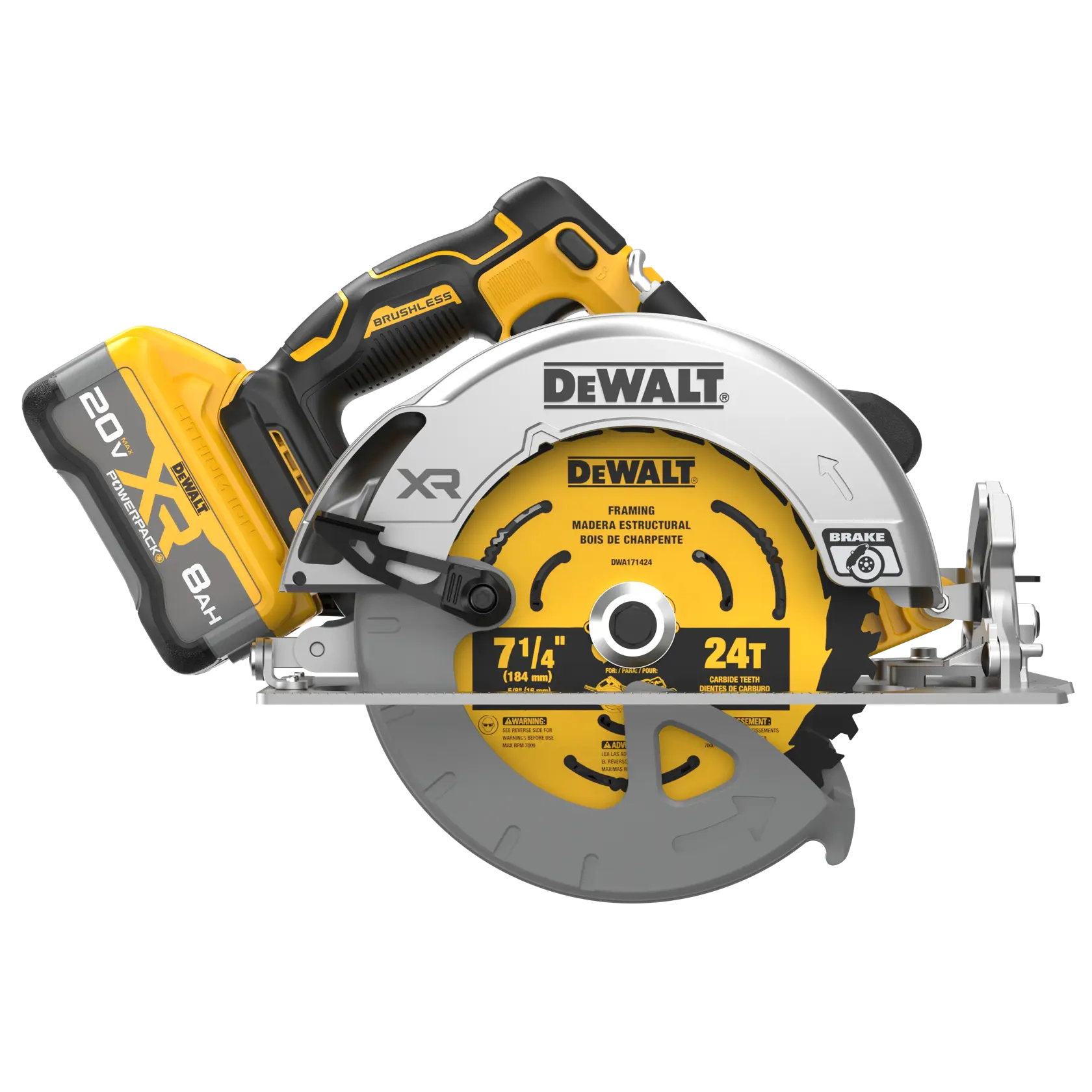A DEWALT cordless circular saw with a yellow and black handle, silver blade guard, and visible 20V XR battery pack. The saw blade is branded with DEWALT and has specifications including 7 1/4 inch diameter and 24 teeth.