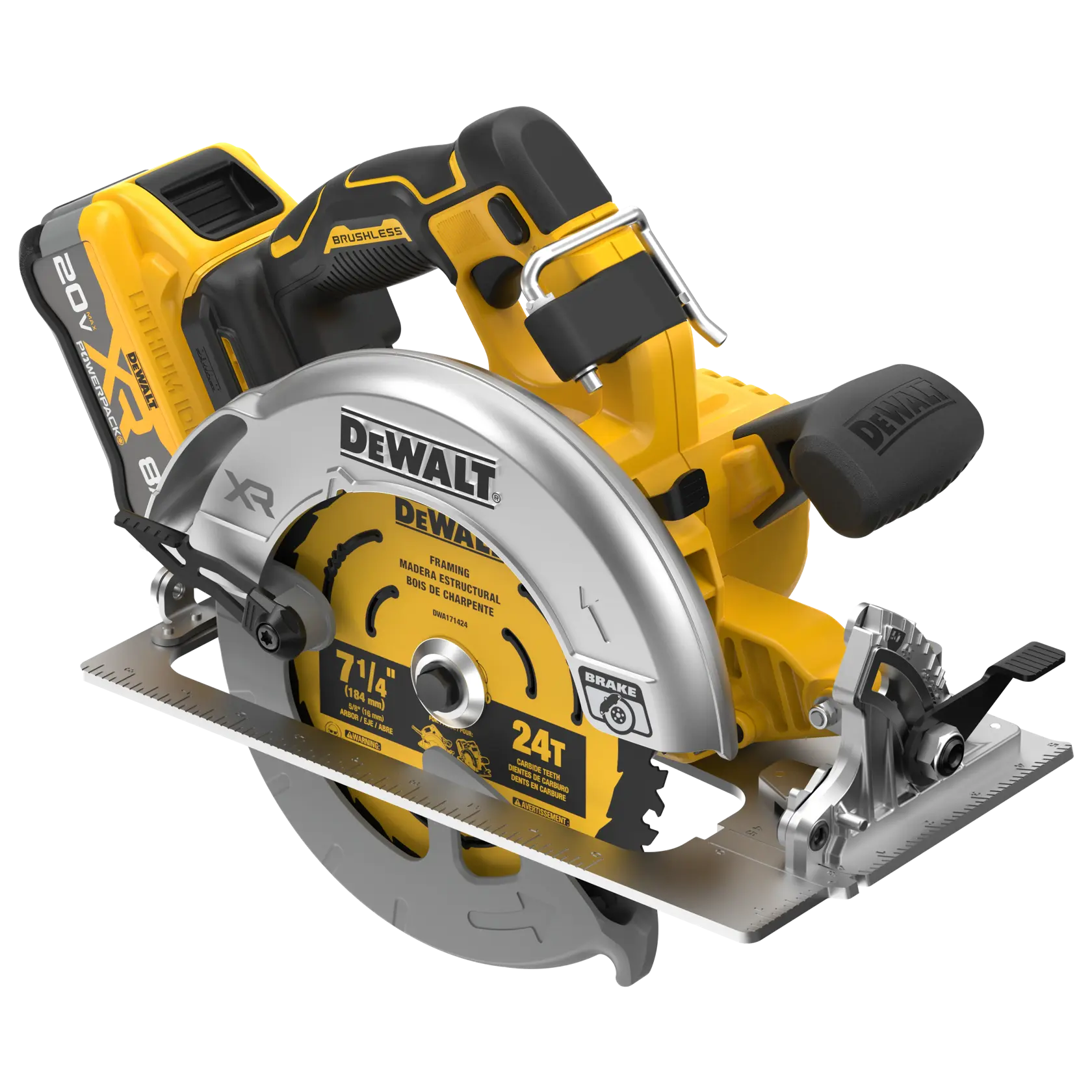 A DEWALT 20V XR cordless circular saw with a brushless motor, featuring a black and yellow design and a 7 1/4 inch blade. The saw is equipped with measurement markings on the base and a handle for easy control.