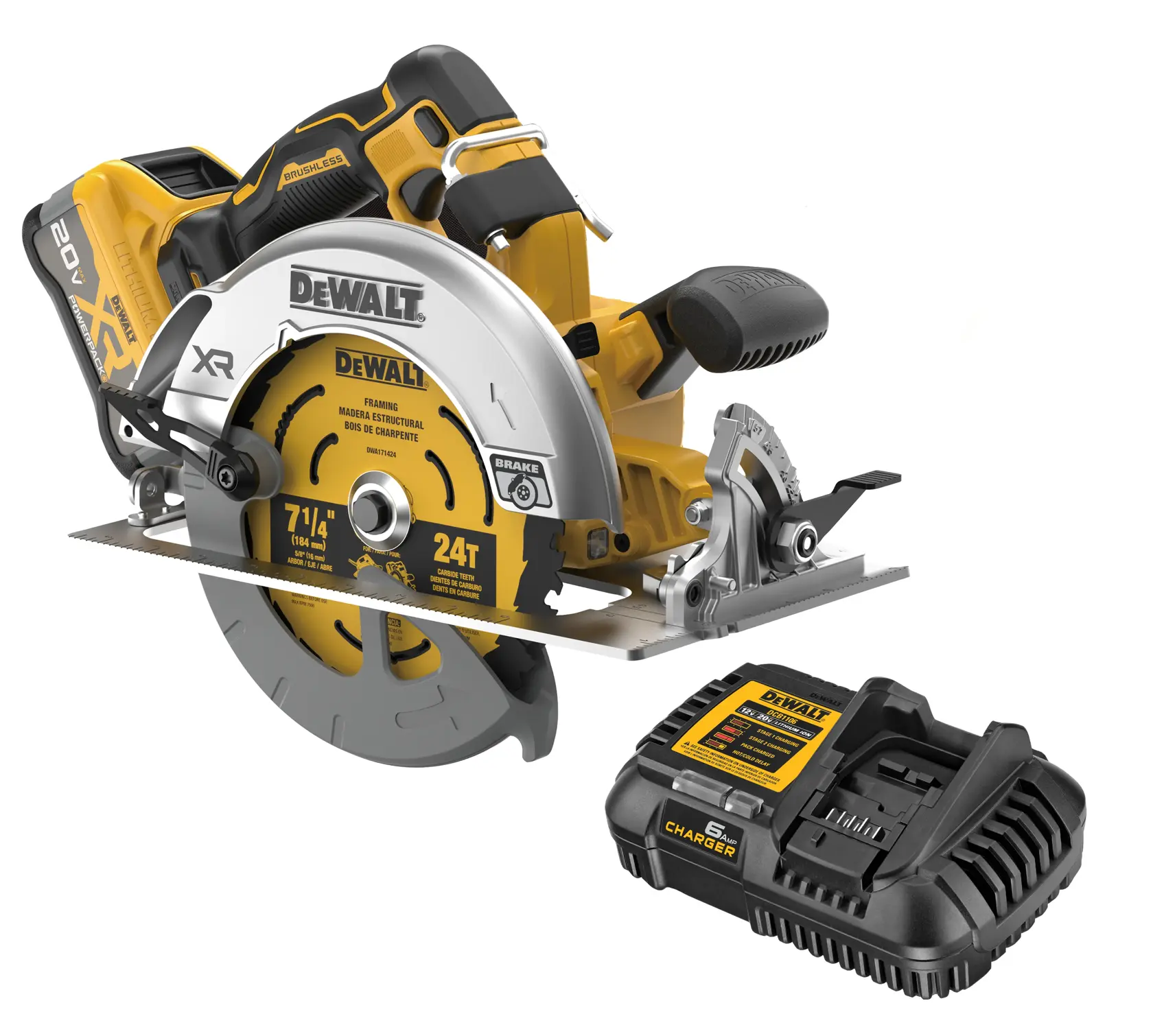 A DEWALT cordless circular saw with a brushless motor and a 24-tooth blade, shown next to a DEWALT battery charger. The power tool is primarily yellow and black, with visible manufacturer branding.