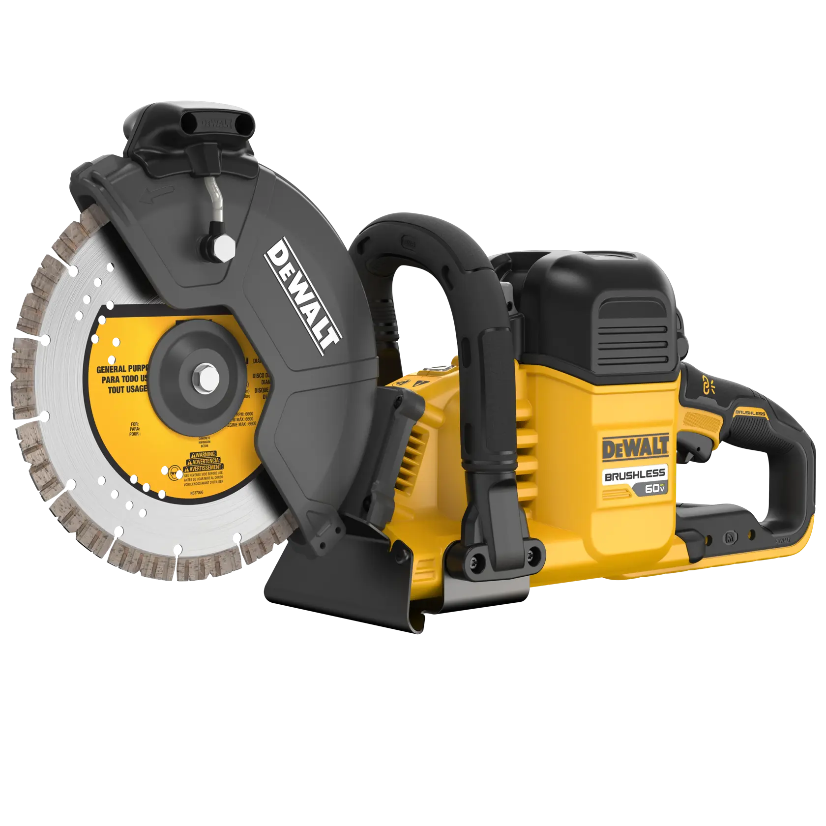 A DEWALT 60V brushless cordless cut-off saw with a yellow and black body, a large circular blade, and ergonomic handle grips. The tool is designed for heavy-duty cutting applications.