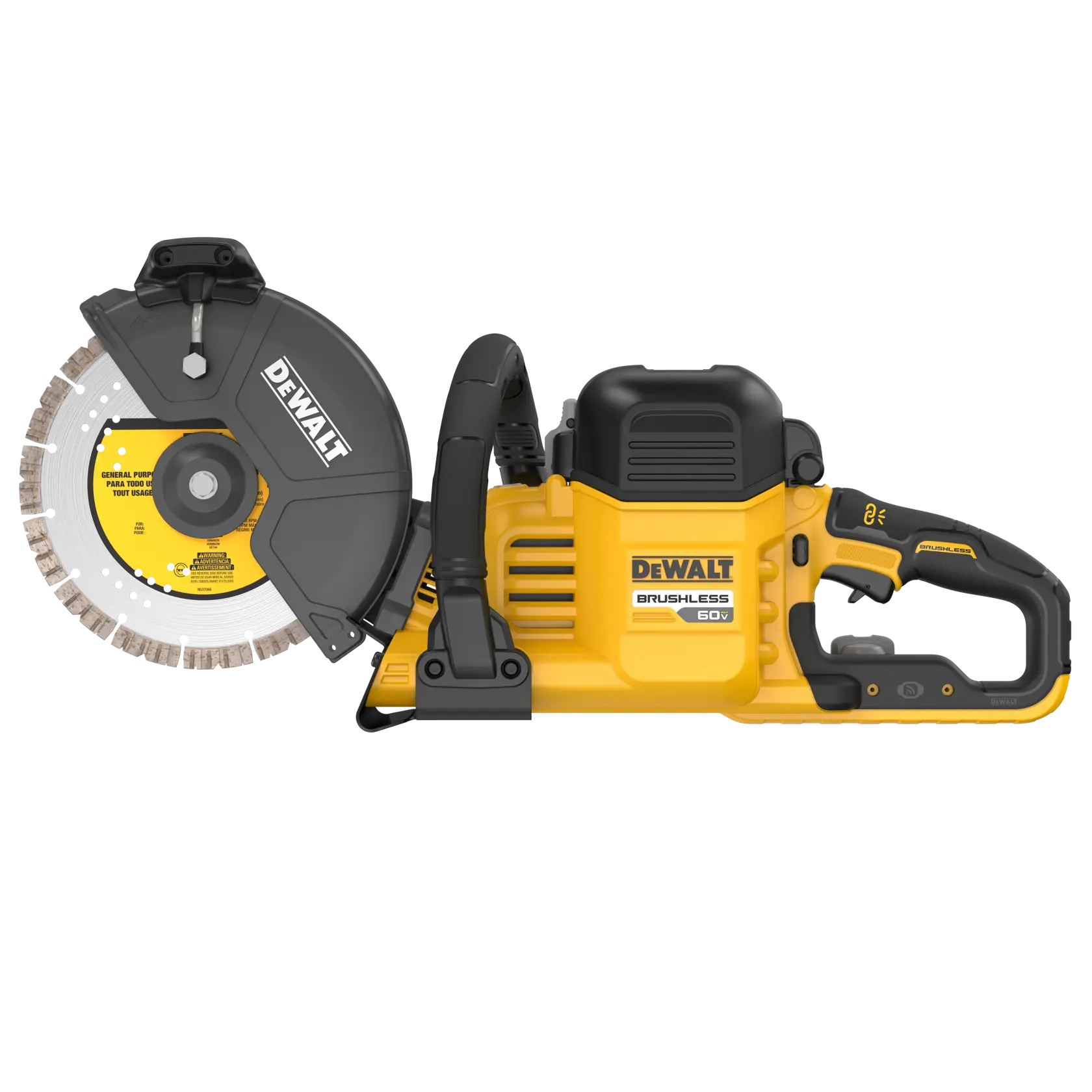A high-powered DEWALT 60V brushless cordless cut-off saw featuring a circular blade, yellow and black body, ergonomic handle, and safety guard, designed for heavy-duty cutting tasks.