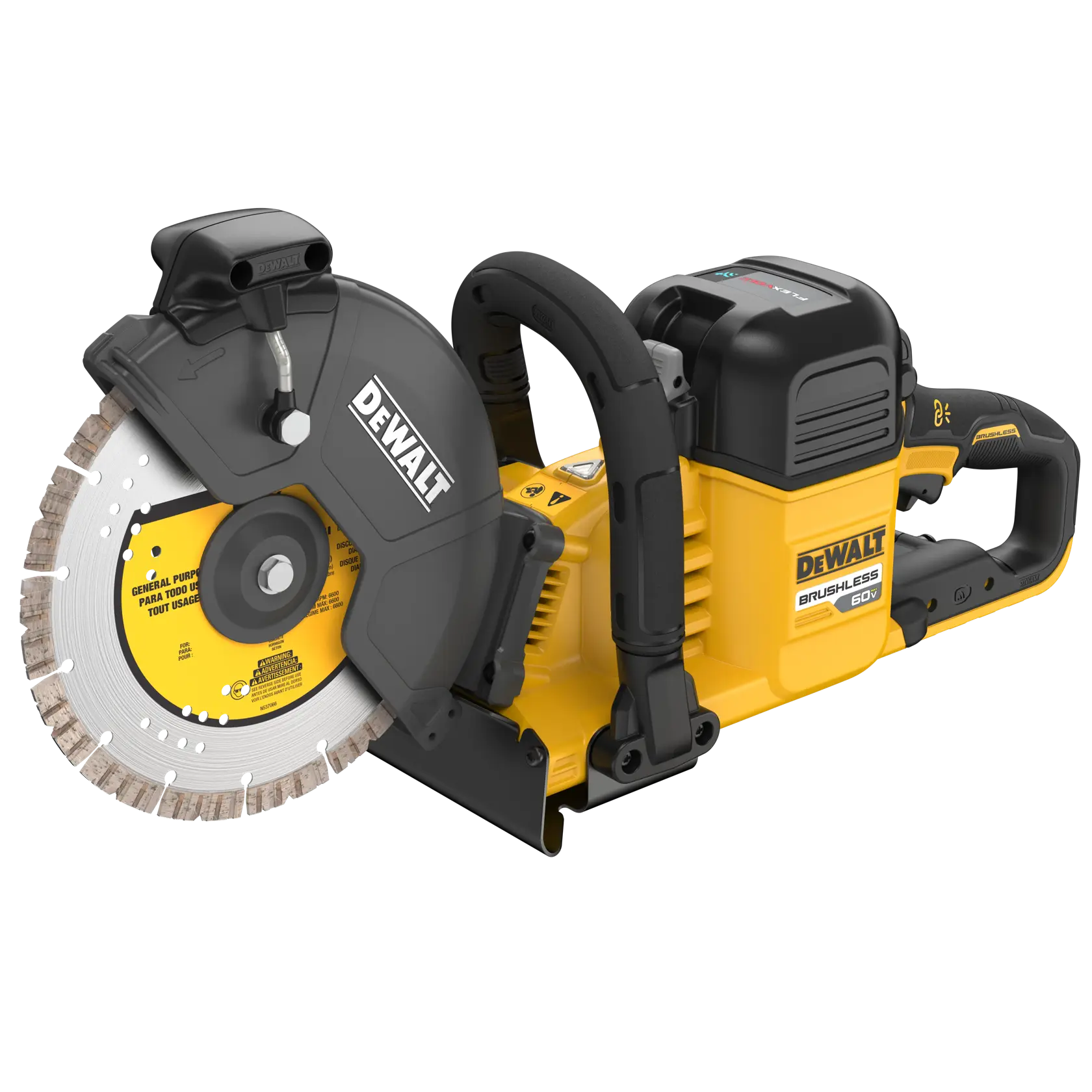 A DEWALT cordless brushless 60V cut-off saw, featuring a yellow and black body, a large circular blade, and ergonomic handles.
