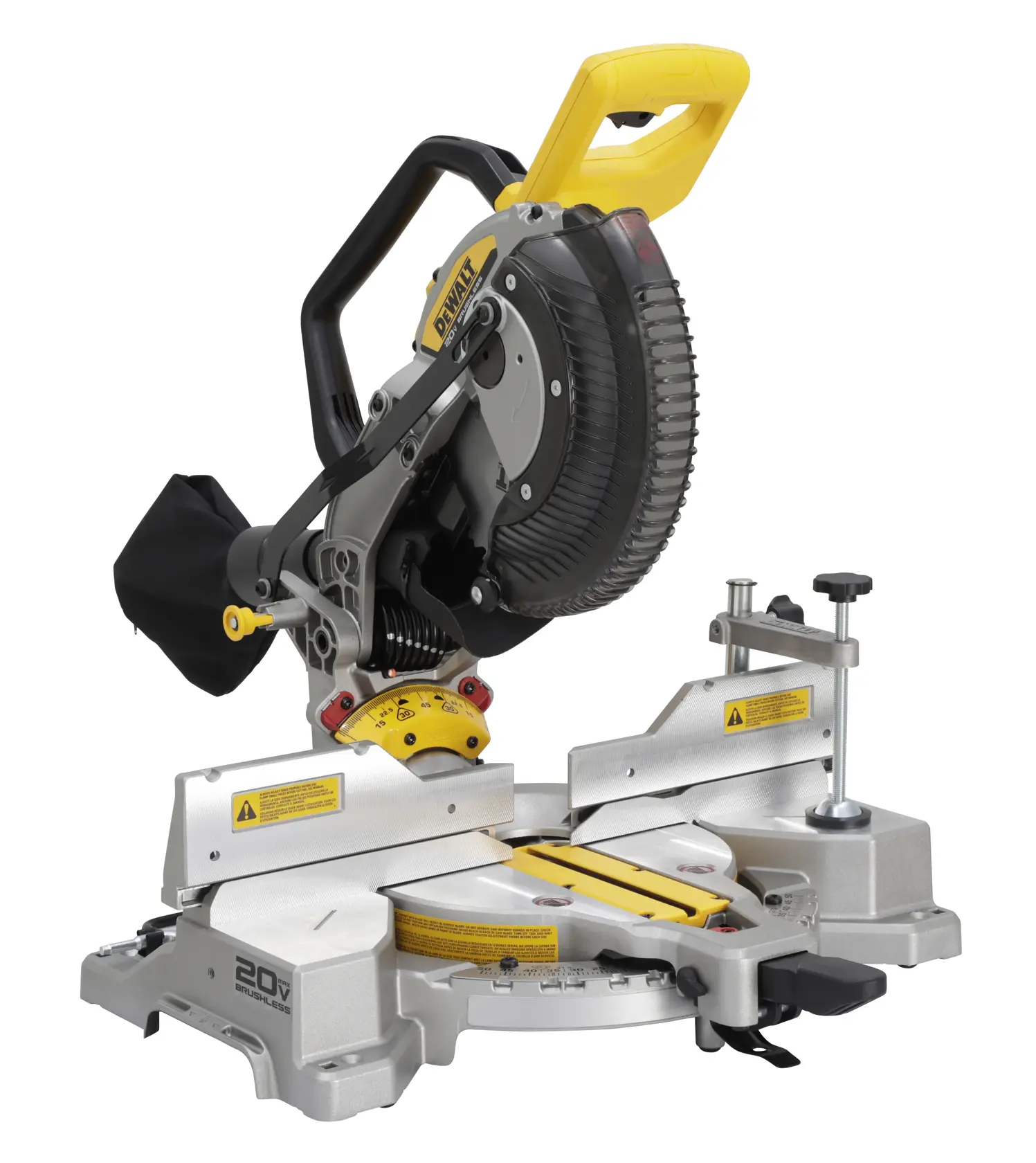 DEWALT DCS714B 20V cordless miter saw with a yellow and black handle, metal base, and adjustable cutting angles, used for precise woodworking cuts.