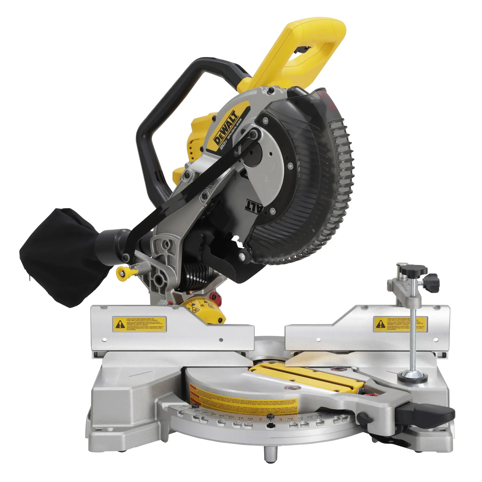 A DEWALT cordless miter saw with a yellow and black handle, circular blade, dust collection bag, and adjustable fence, designed for precision woodworking and cutting tasks.