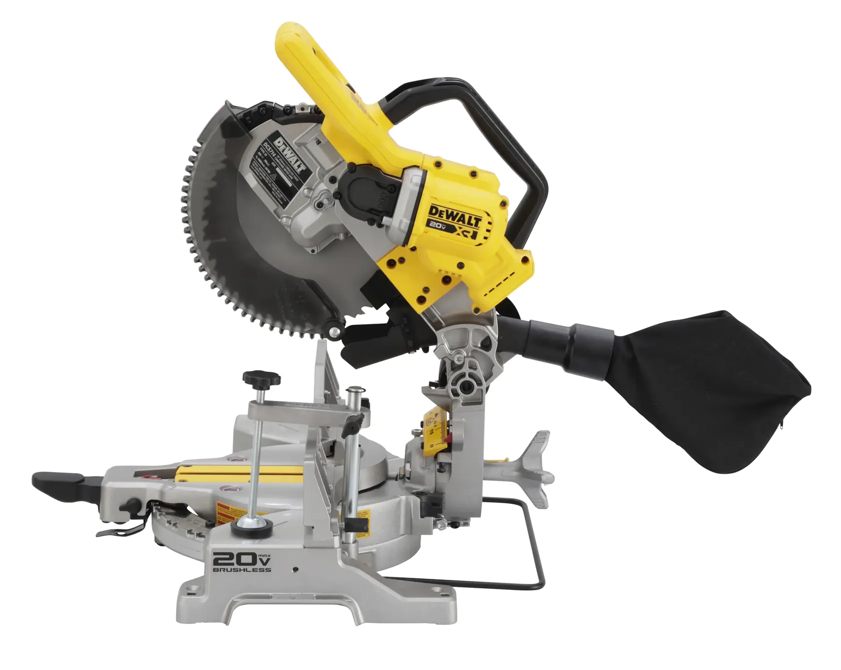 A side view of a DEWALT DCS714B 20V cordless brushless miter saw with a yellow and silver body, a circular blade, a handle, an adjustable base, and a dust collection bag attached.