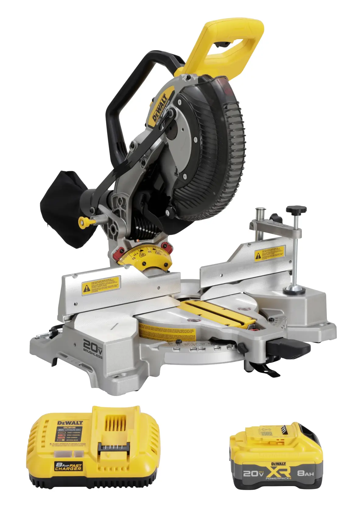 A DEWALT 20V cordless sliding compound miter saw kit, featuring the miter saw, a battery charger, and a 20V 8Ah battery. The saw is silver with yellow and black accents.