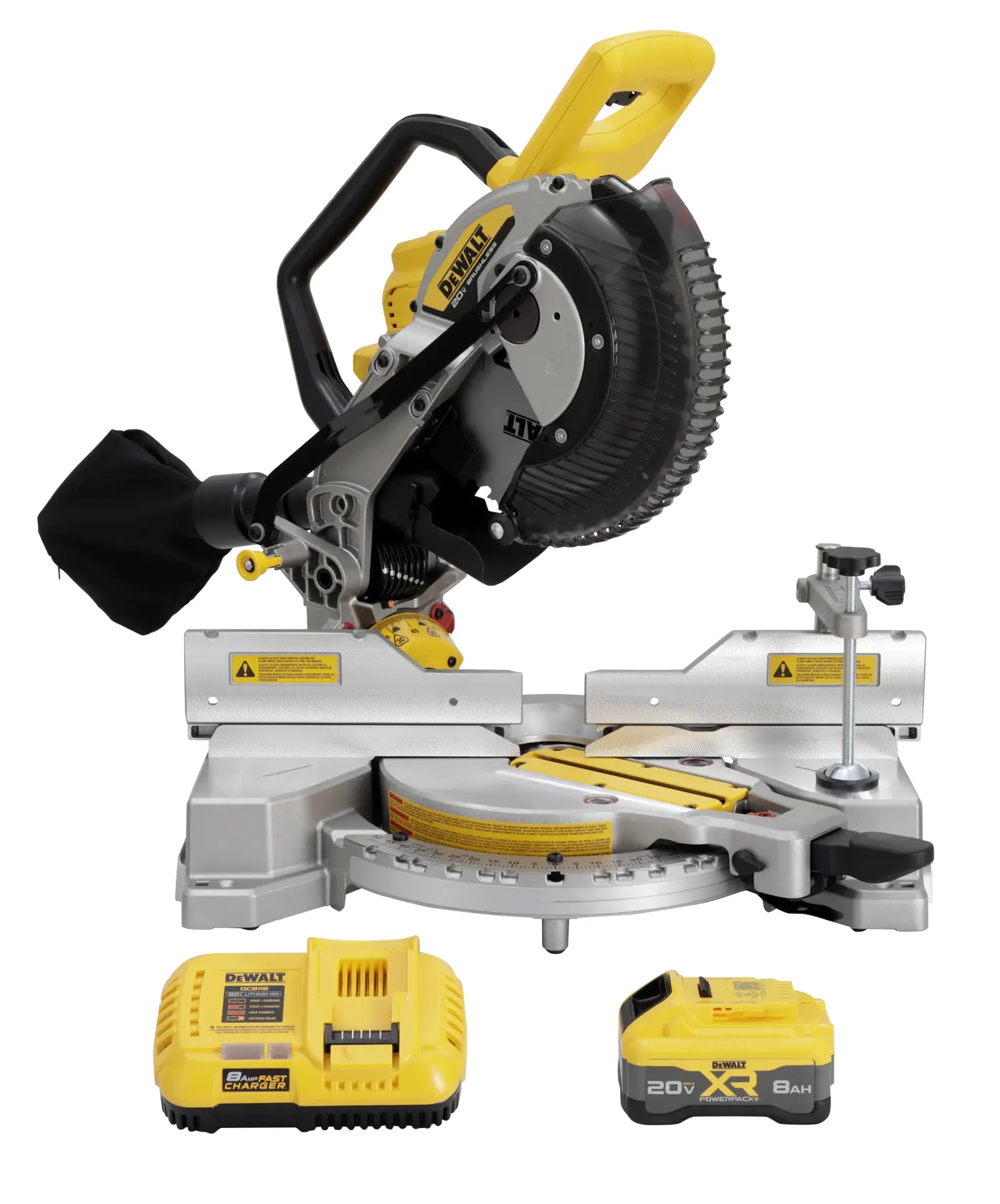 A DEWALT cordless sliding miter saw with a yellow and black design, shown with its battery and charger in front of the tool.