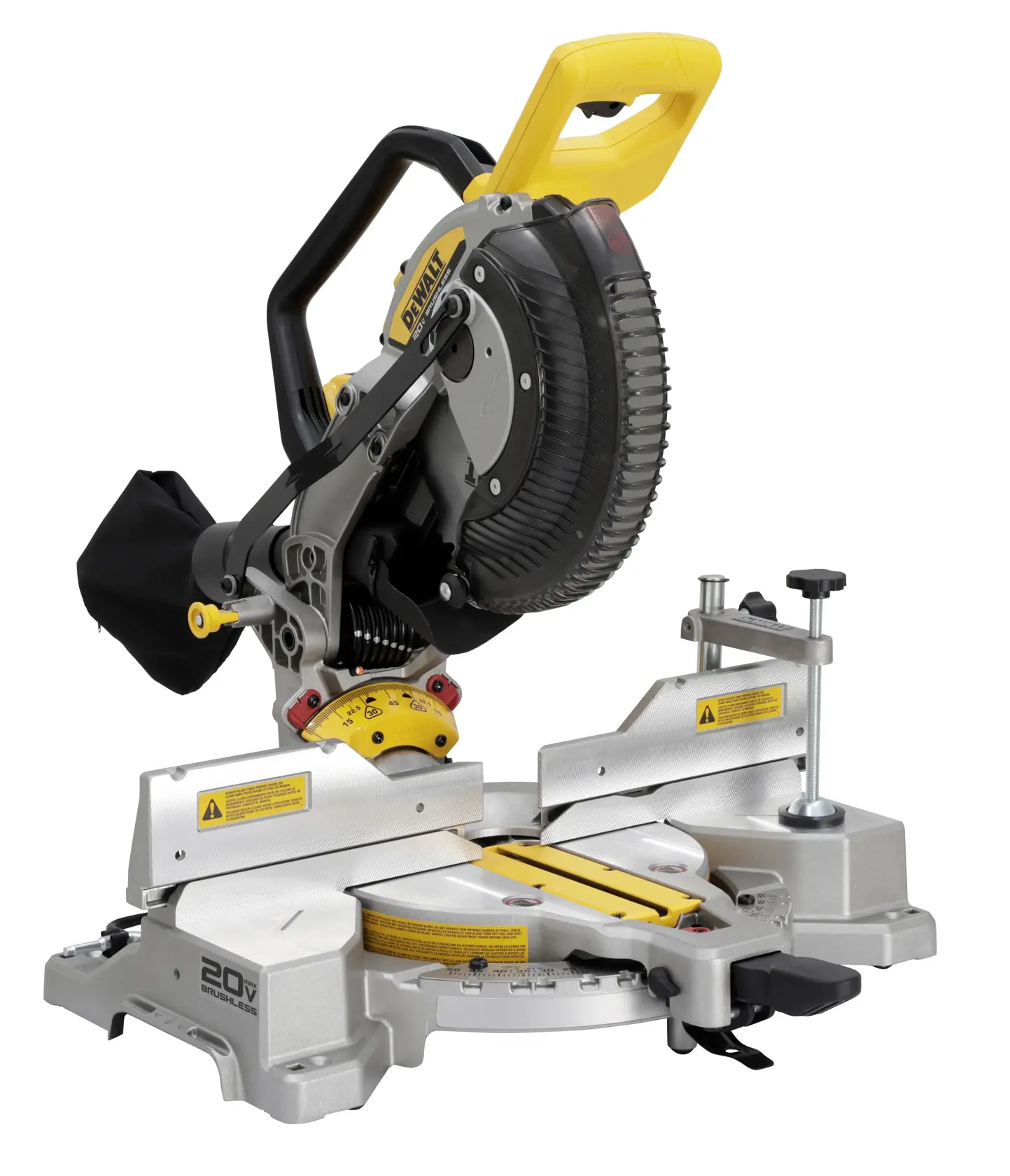 A DEWALT-branded miter saw with a yellow handle, silver base, and black blade guard. The saw features adjustable angles, a dust bag, and control knobs. It is a portable power tool suitable for woodworking and precise cutting tasks.