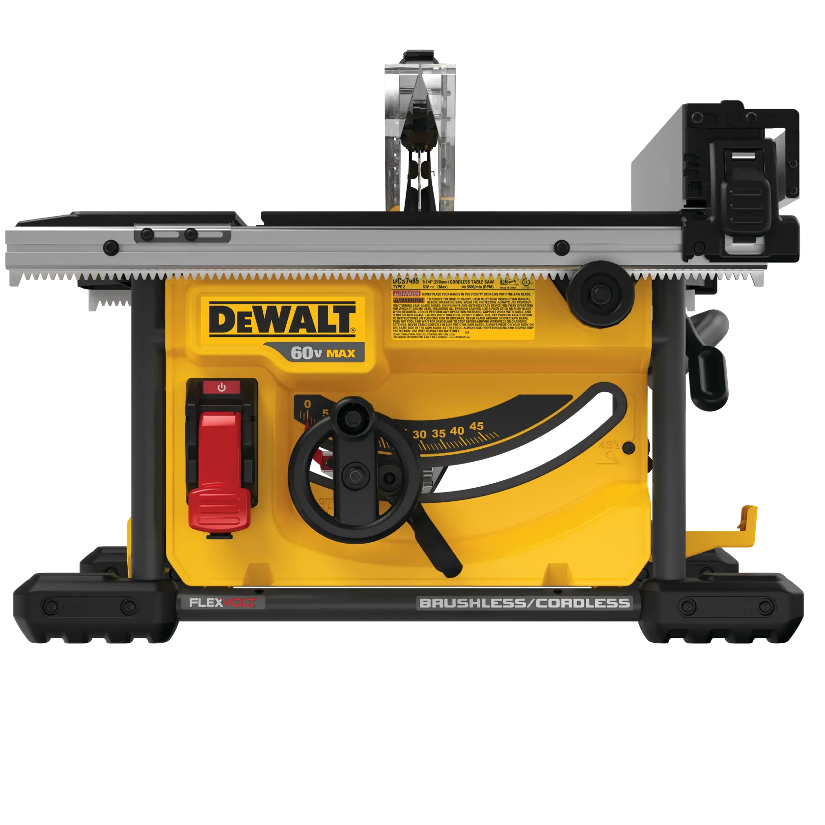 Front view of a DEWALT 60V Max cordless table saw with brushless motor, featuring FLEXVOLT technology. The yellow and black tool includes a power switch, adjustment handles, and detailed measurement markings.