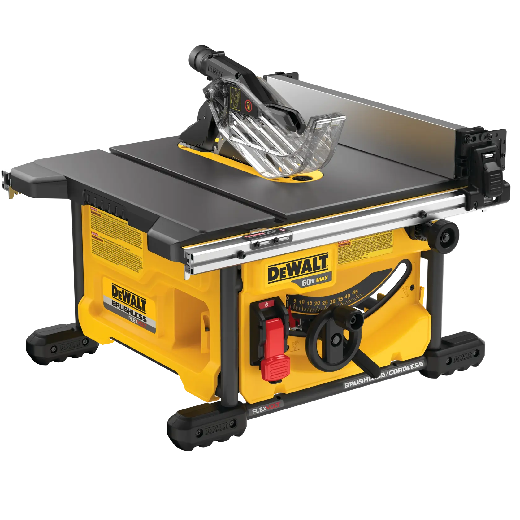 A DEWALT cordless brushless table saw, model DCS7485B, featuring a yellow and black design with adjustment knobs, a transparent blade guard, and marked measurement panel.