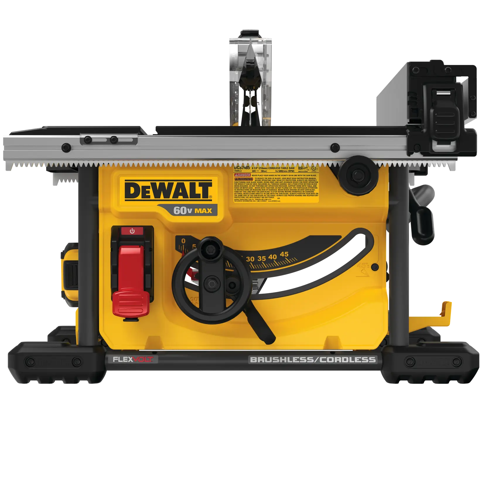 Front view of a DEWALT Flexvolt 60V Max brushless cordless table saw. The yellow and black power tool features adjustment knobs and a cutting blade visible at the top. Brand and model labels are visible on the front.