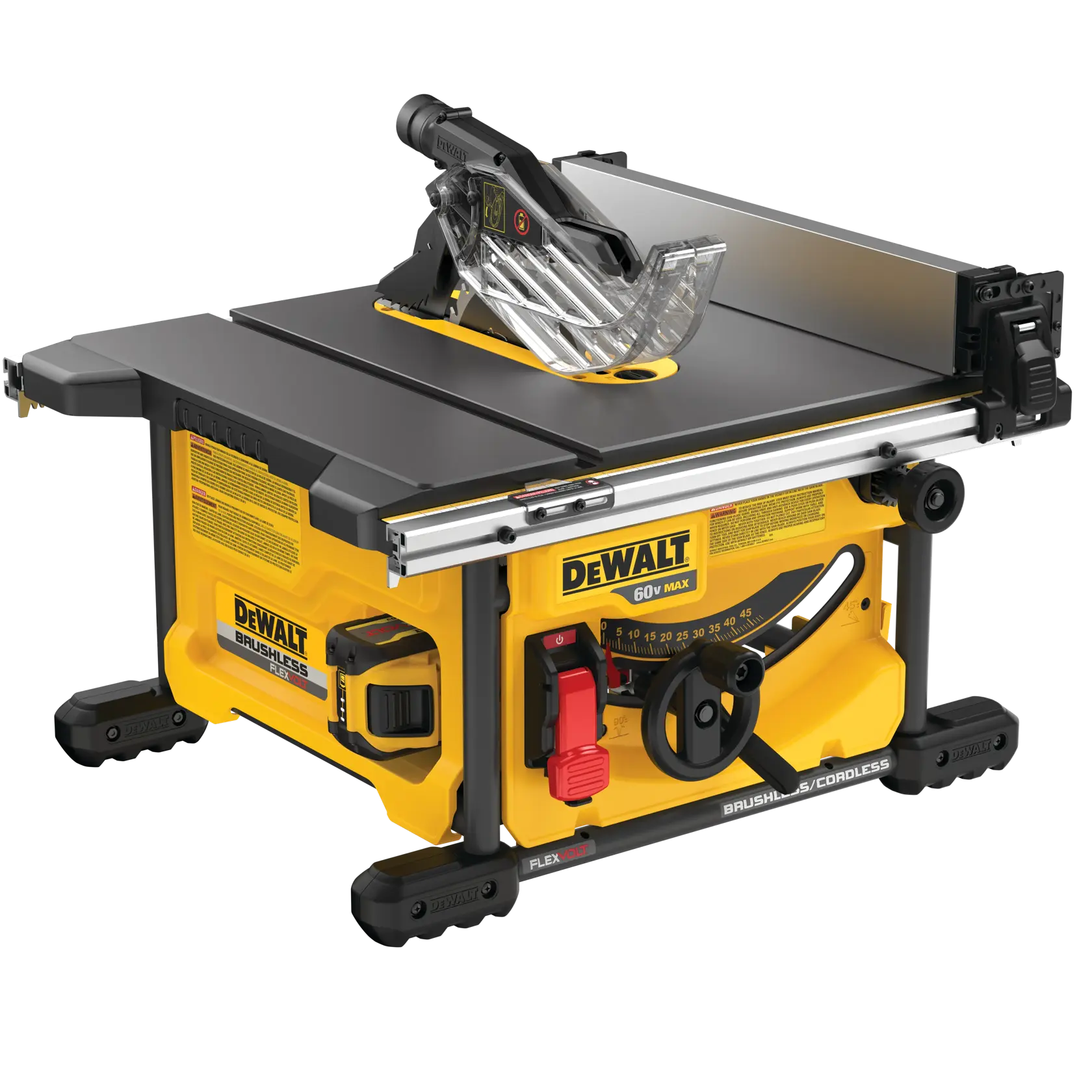 A DEWALT 60V MAX cordless brushless table saw with a yellow and black design, featuring a blade guard, adjustment knobs, and a visible battery pack on the side. The table saw is designed for woodworking and construction tasks.