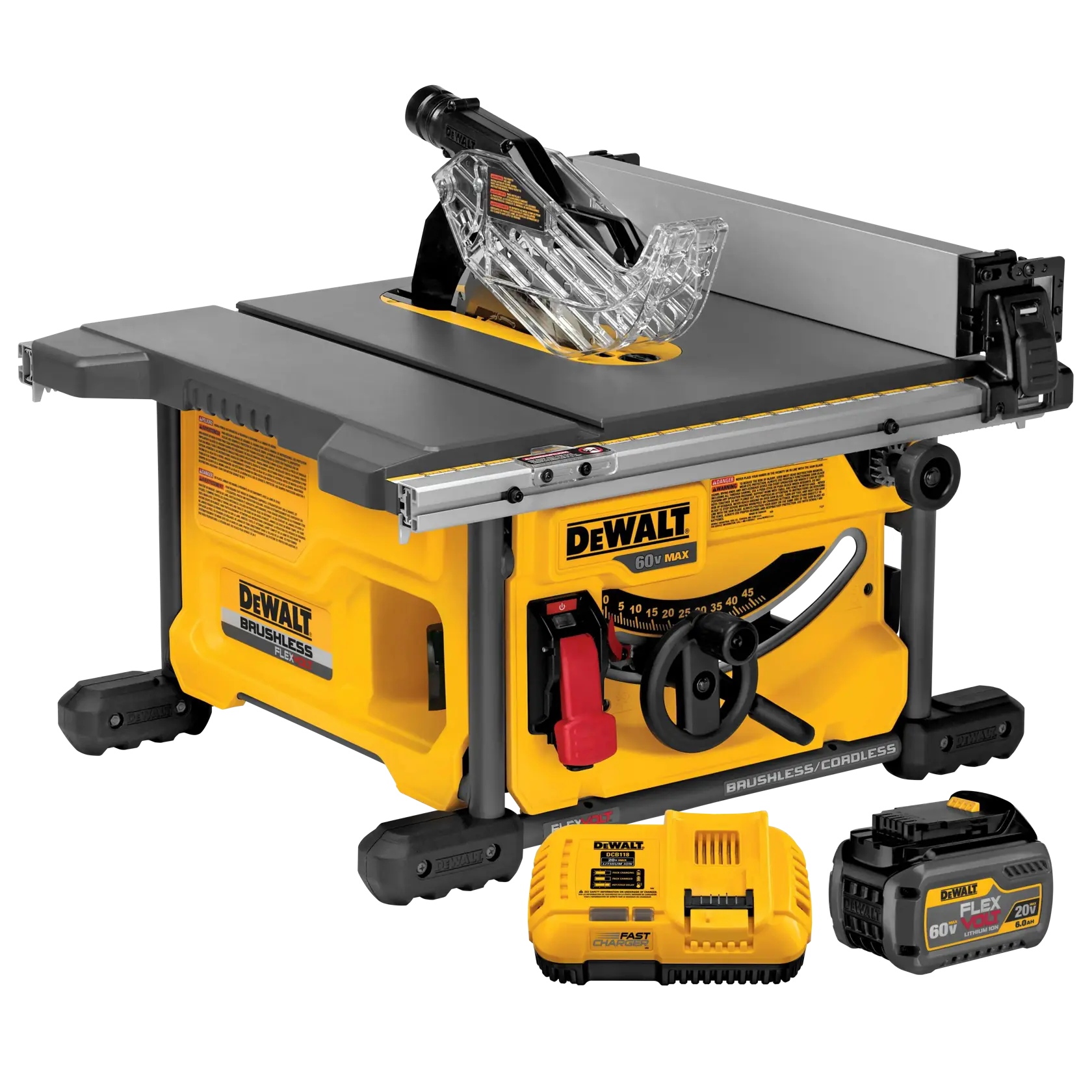A DEWALT 60V Max cordless table saw with a brushless motor, shown with its battery pack and charger. The table saw has a yellow and black color scheme and includes a transparent blade guard.