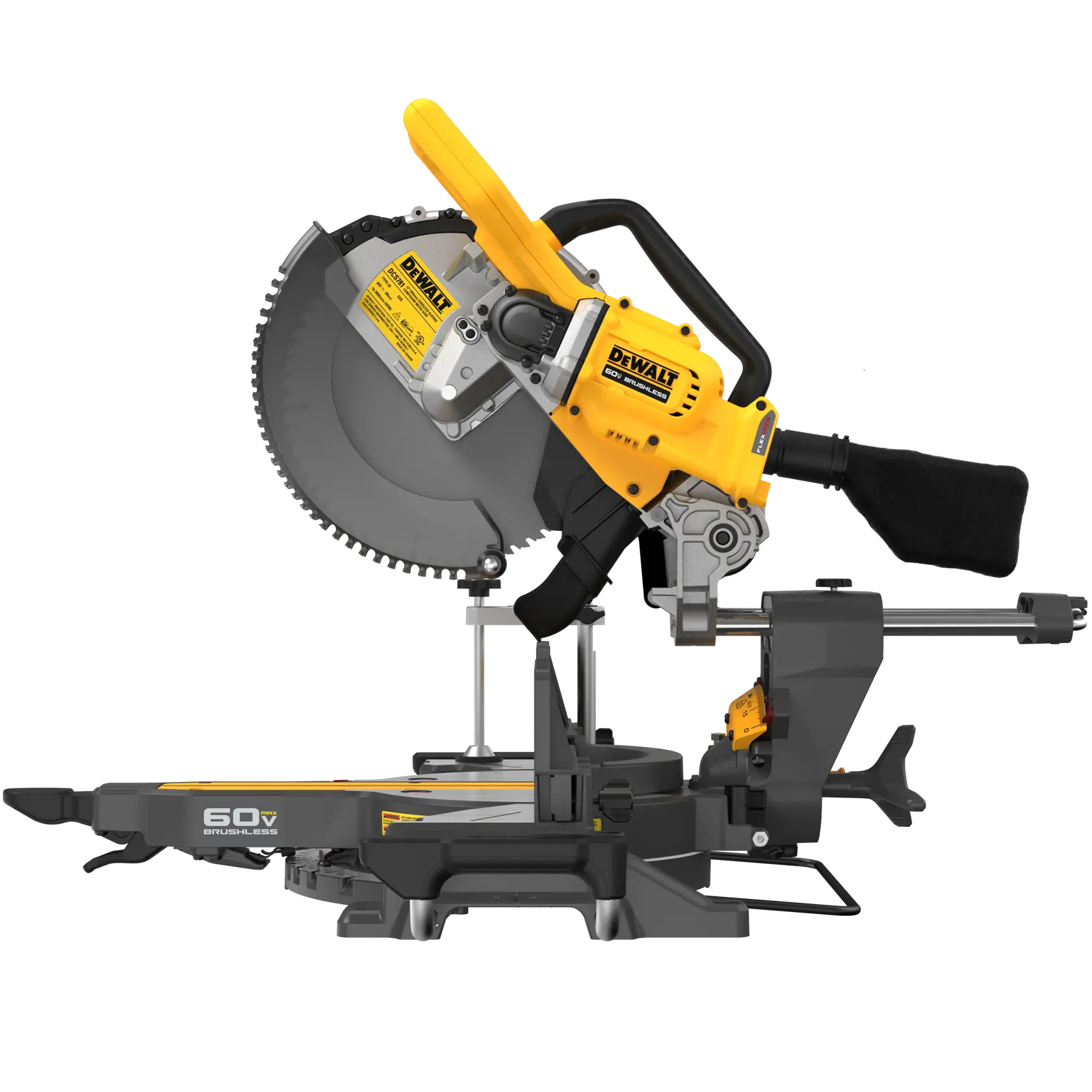 A DEWALT 60V brushless miter saw with yellow and black accents, showing the side profile of the tool with a large circular blade, dust bag, and adjustable cutting base.