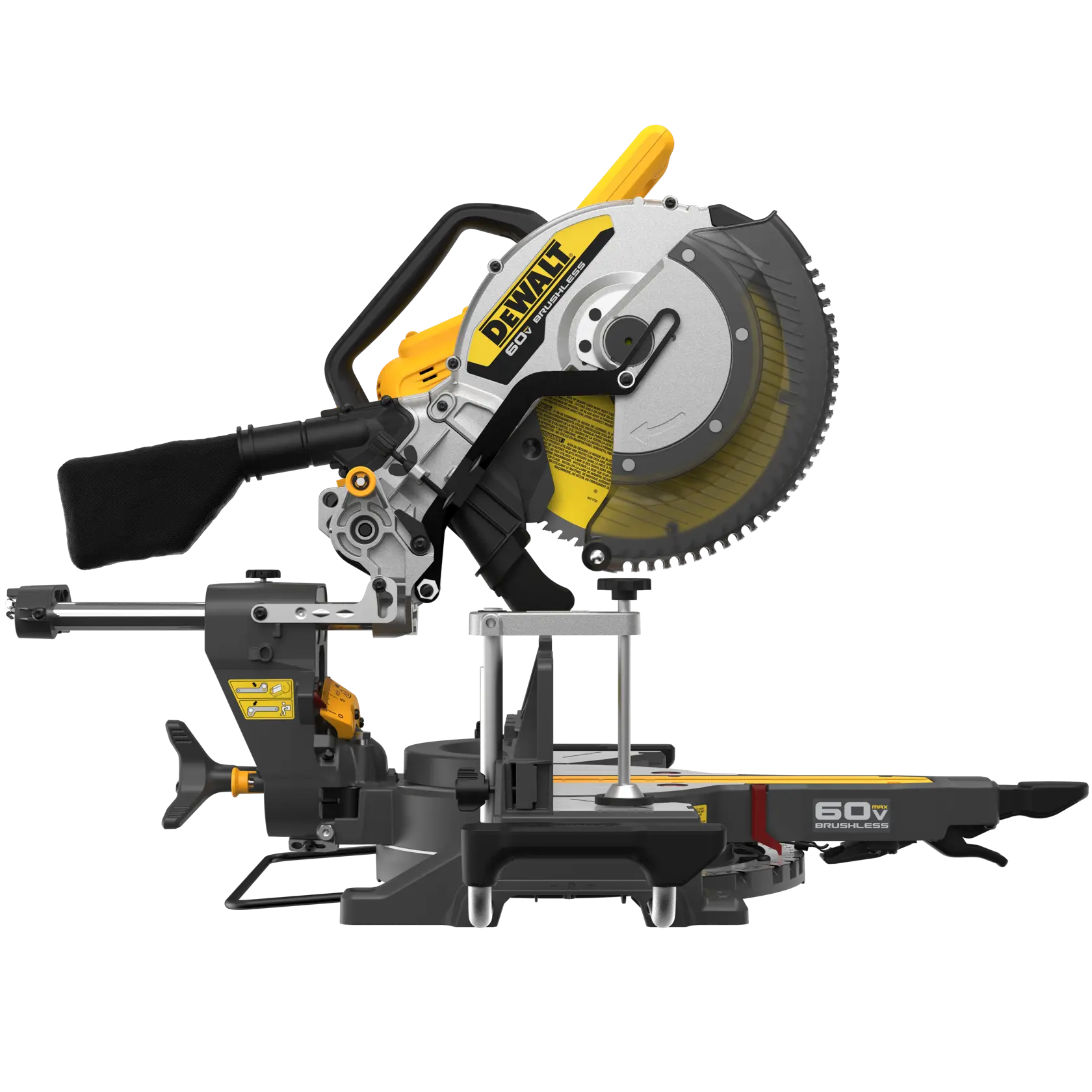 A DEWALT branded 60V brushless sliding compound miter saw, featuring a circular blade, dust bag, and adjustable cutting arm, shown against a white background.