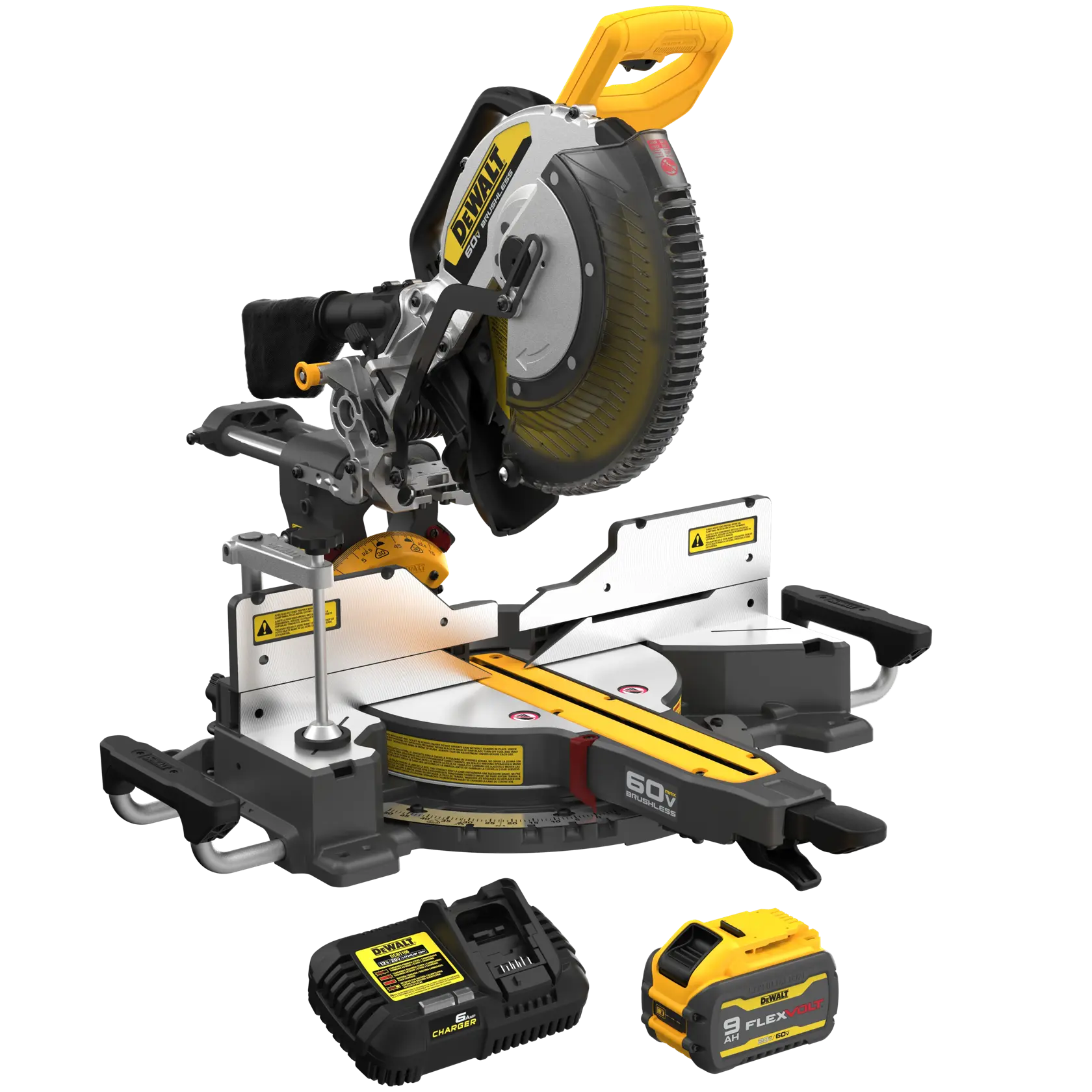 Cordless DEWALT miter saw with yellow accents, shown with a battery pack and charger. The saw has an adjustable base for angled cutting and is designed for woodworking or construction projects.