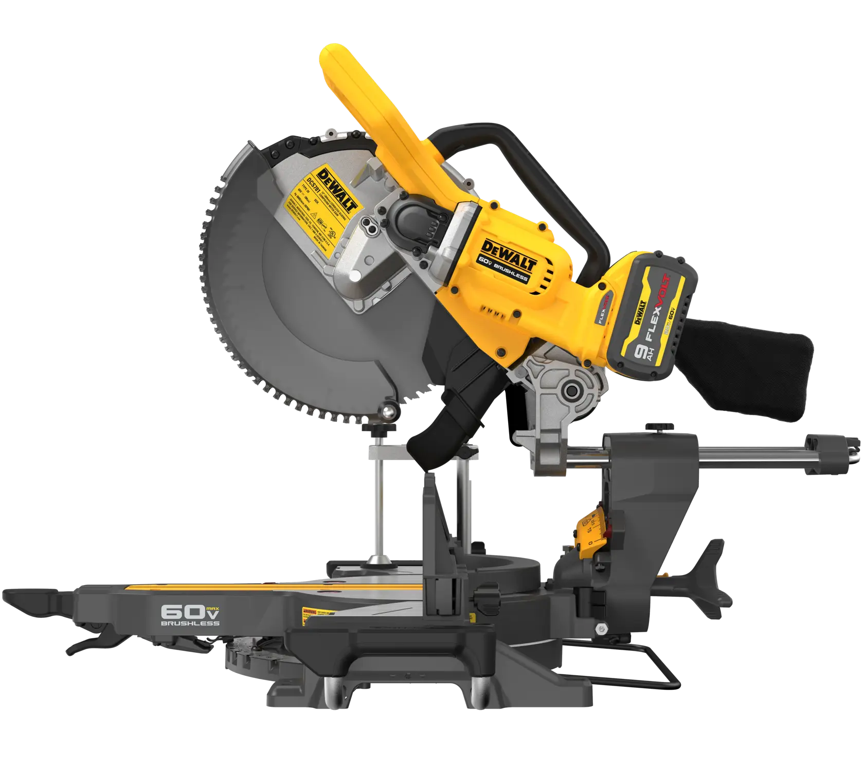 A DEWALT cordless miter saw with a yellow and black design, featuring a brushless motor and a FLEXVOLT 60V MAX lithium-ion battery, suitable for precise cutting tasks.