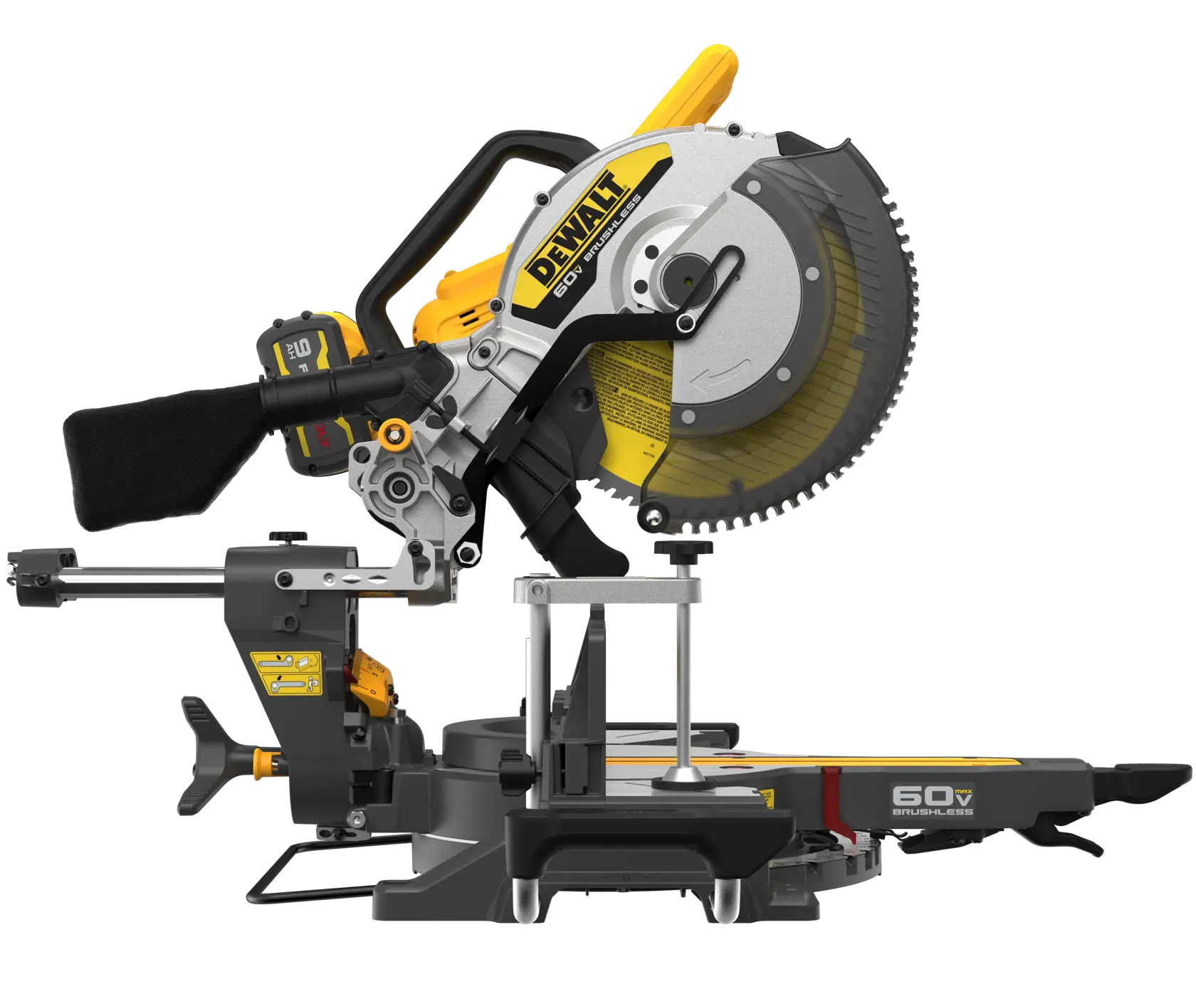 A DEWALT 60V brushless sliding compound miter saw with a yellow and black design, featuring adjustable angles, a dust bag, and a large circular blade. The tool is shown in a side profile on a white background.