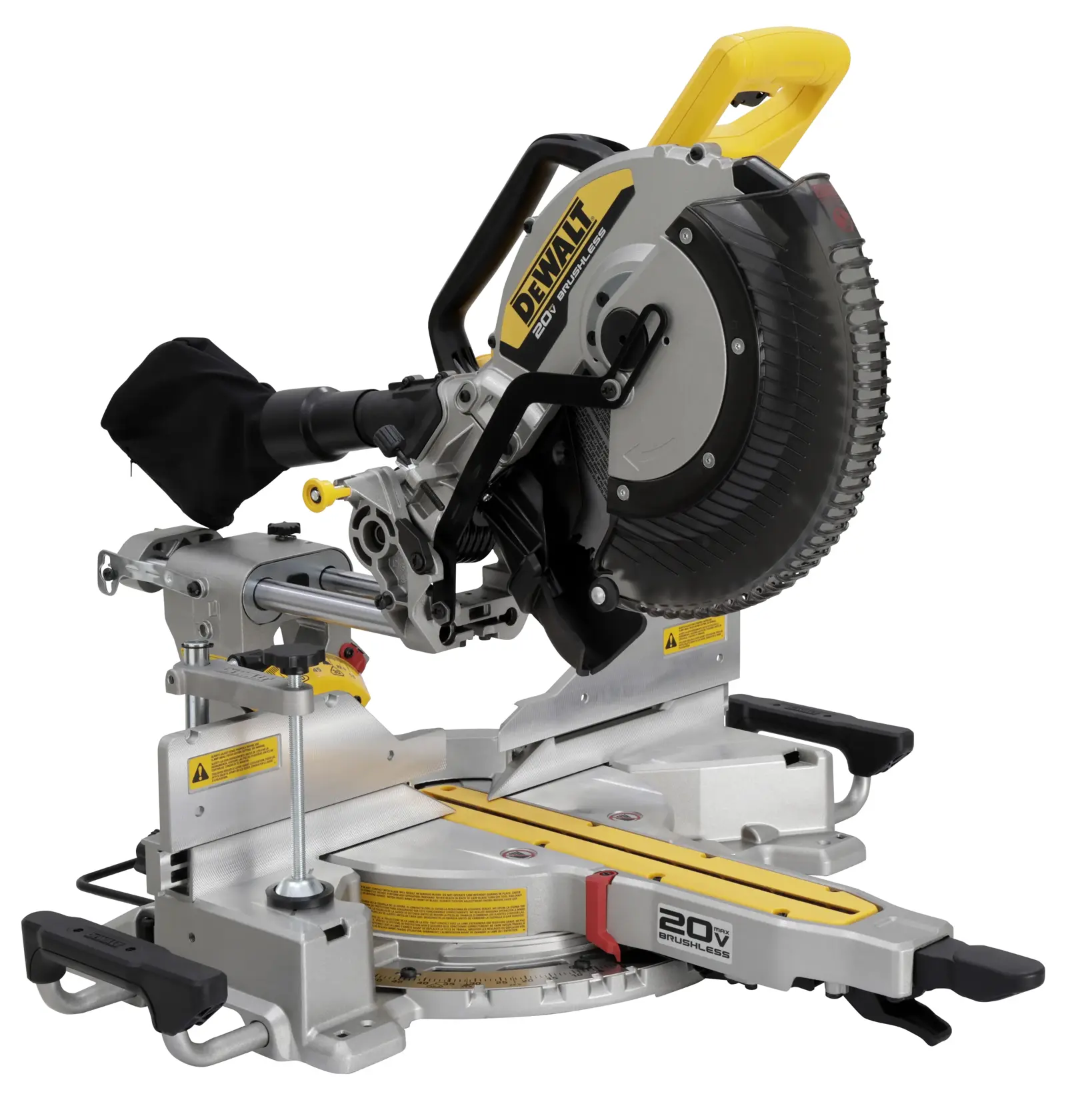 A DEWALT 20V cordless brushless sliding compound miter saw with a yellow and black design, dust collection bag, and adjustable cutting angles. The saw is placed on a white background.