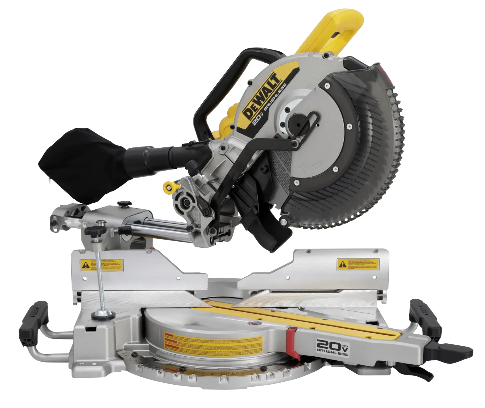 A DEWALT cordless miter saw with a brushless motor, 20V power, and a sliding mechanism. The saw features a yellow and silver color scheme, a dust bag, and adjustable settings for precise cutting.