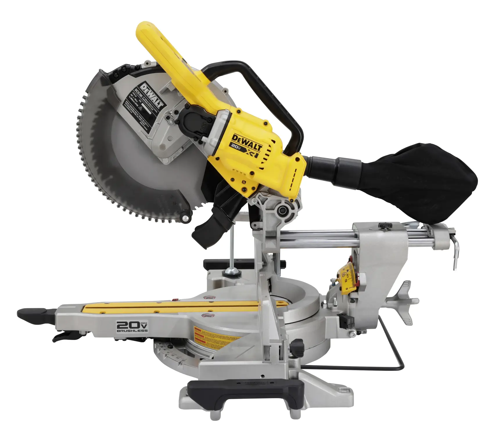 A DEWALT 20V cordless brushless sliding compound miter saw, featuring a yellow and silver design with a black dust collection bag attached.