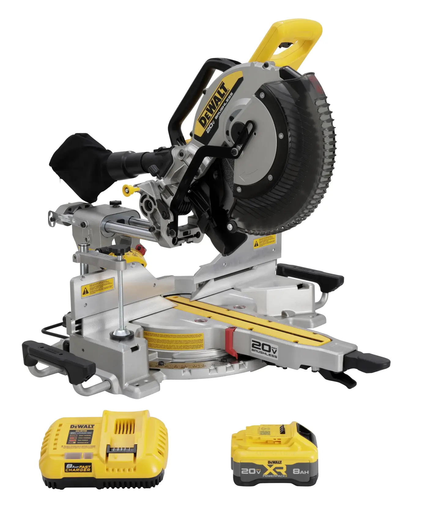 A DEWALT cordless sliding compound miter saw set, including the saw with a black and yellow design, dust bag, 20V battery, and battery charger, all displayed on a white background.