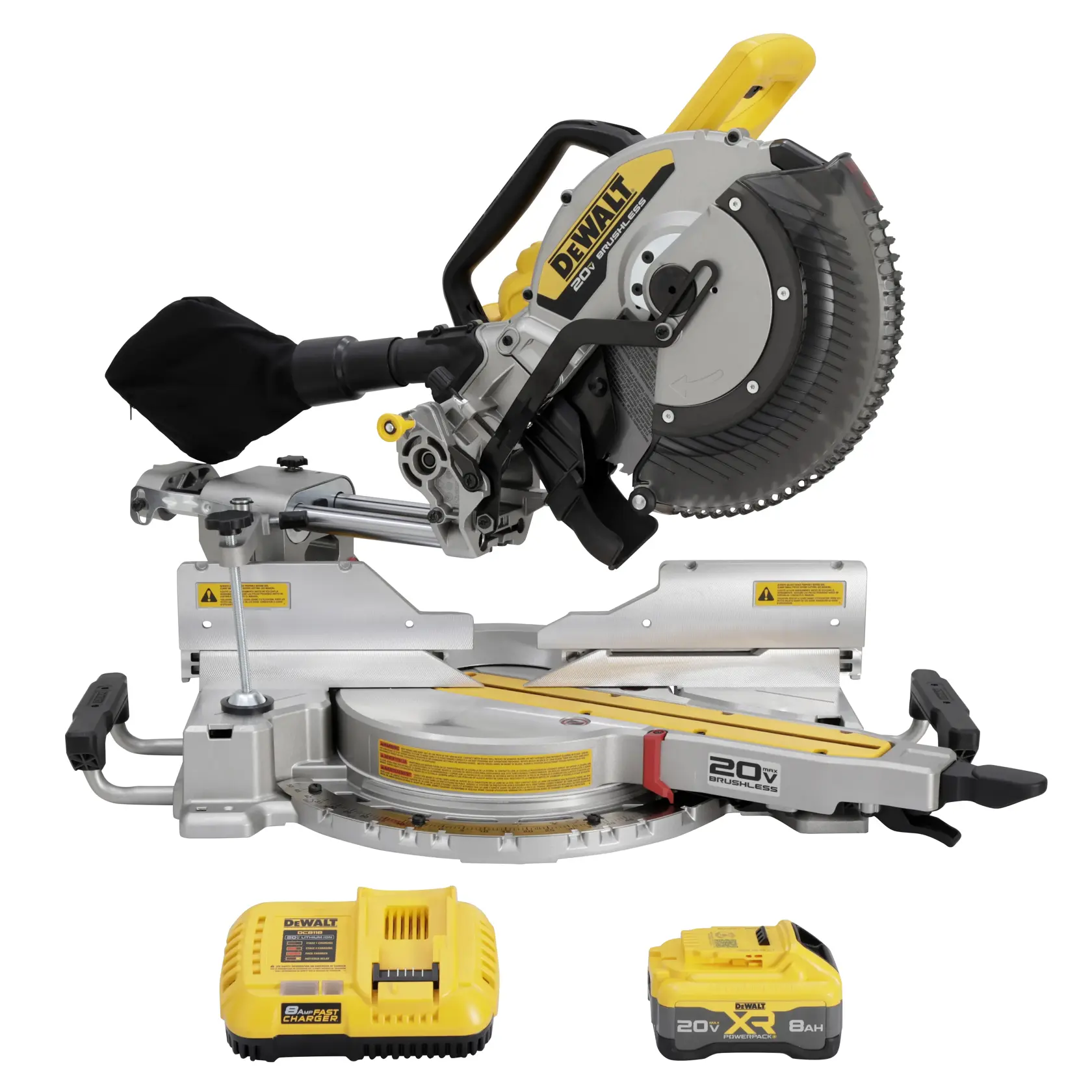 A DEWALT cordless 20V brushless sliding compound miter saw with a yellow and black dust bag, shown with its battery charger and 8Ah rechargeable battery placed in front.