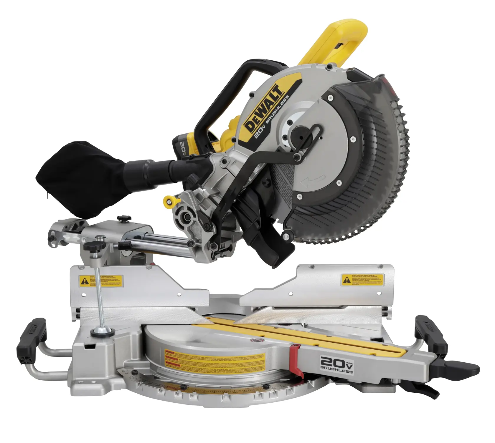 A DEWALT 20V brushless miter saw with a sliding mechanism, featuring a silver body, yellow and black accents, dust collection bag, and safety guards.