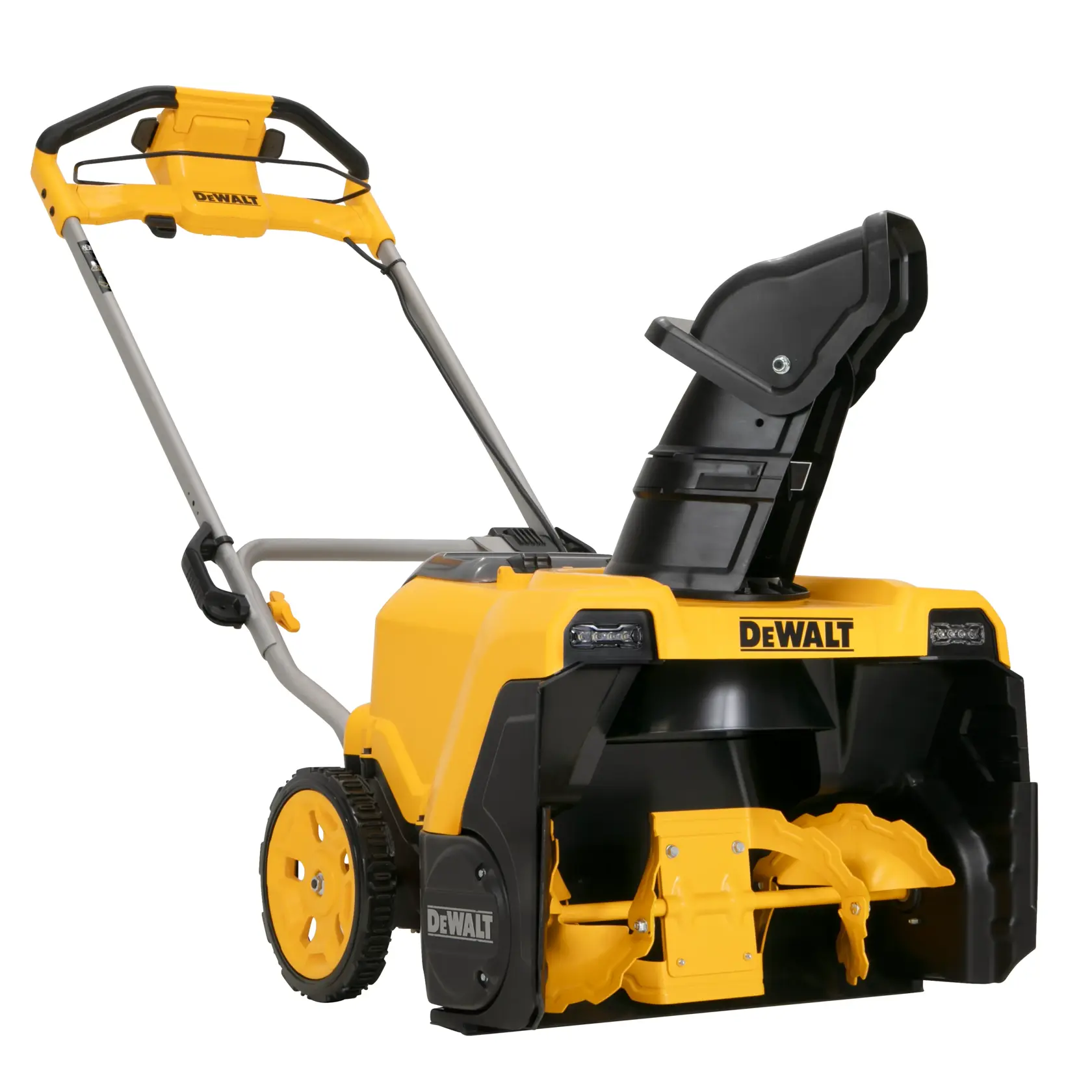 A DEWALT branded snow blower with a yellow and black design, featuring sturdy wheels and a prominent discharge chute.