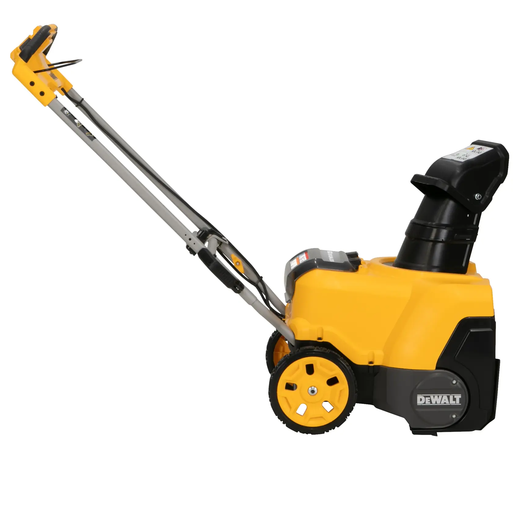 A yellow and black DEWALT cordless snow blower with a wheeled base, angled handle, and discharge chute facing upward.