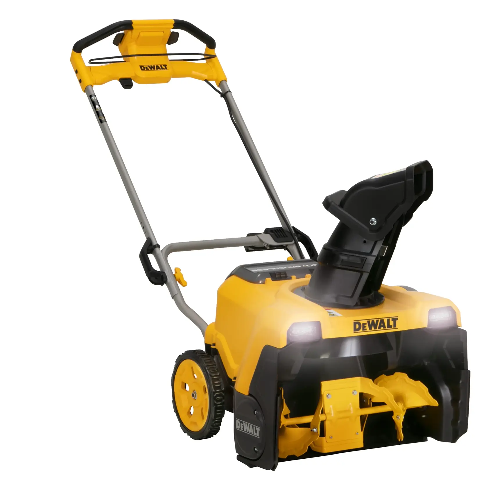 A yellow and black DEWALT cordless snow blower with large wheels and an adjustable discharge chute, designed for clearing snow from driveways and walkways.