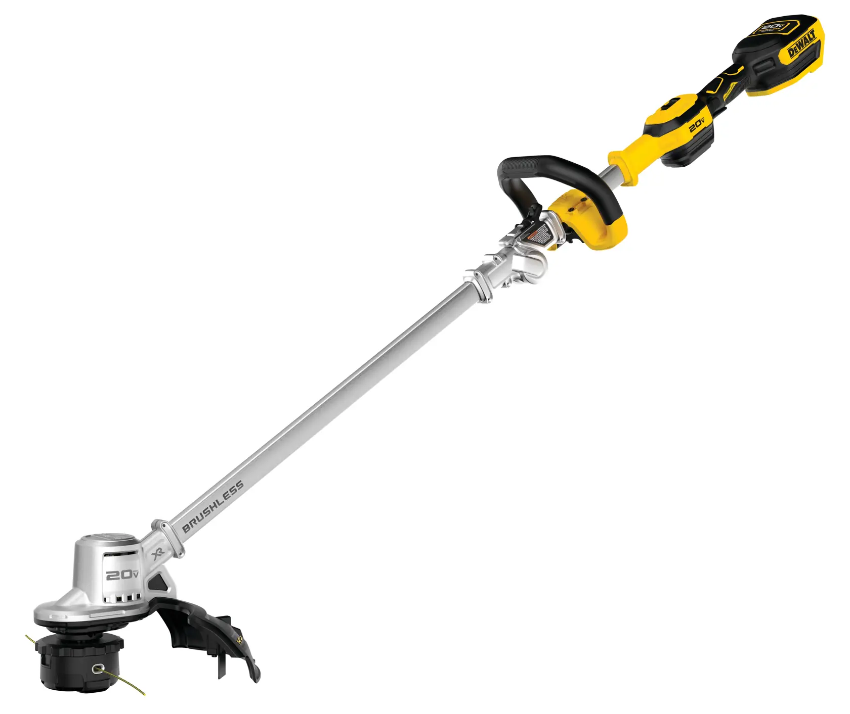 A DEWALT cordless string trimmer with a yellow and black handle, silver shaft, and black trimming head, designed for outdoor lawn maintenance.