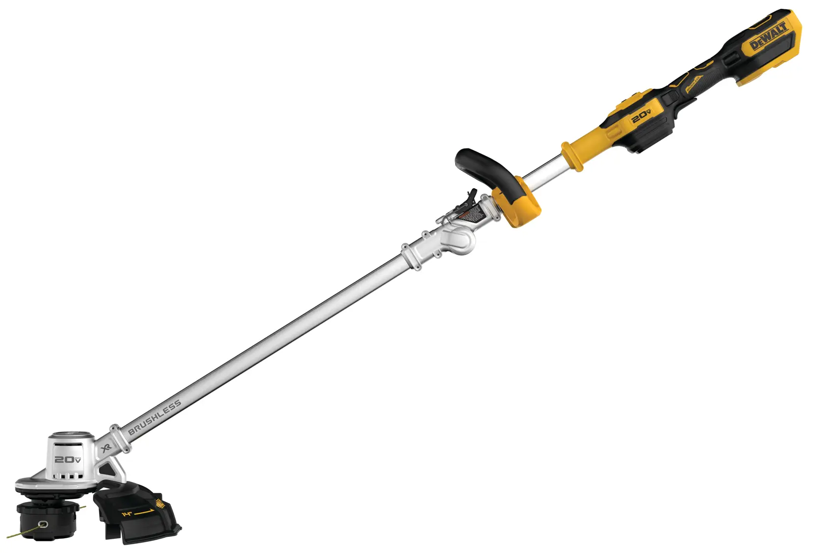 A DEWALT 20V cordless brushless string trimmer with a silver shaft, yellow and black handle, and adjustable auxiliary handle, shown against a white background.
