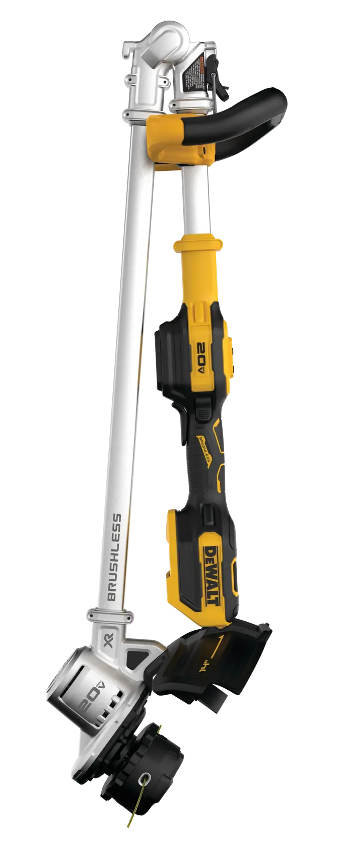 A DEWALT 20V cordless brushless string trimmer with a yellow and black handle and a silver cutting head, used for trimming grass and edges.