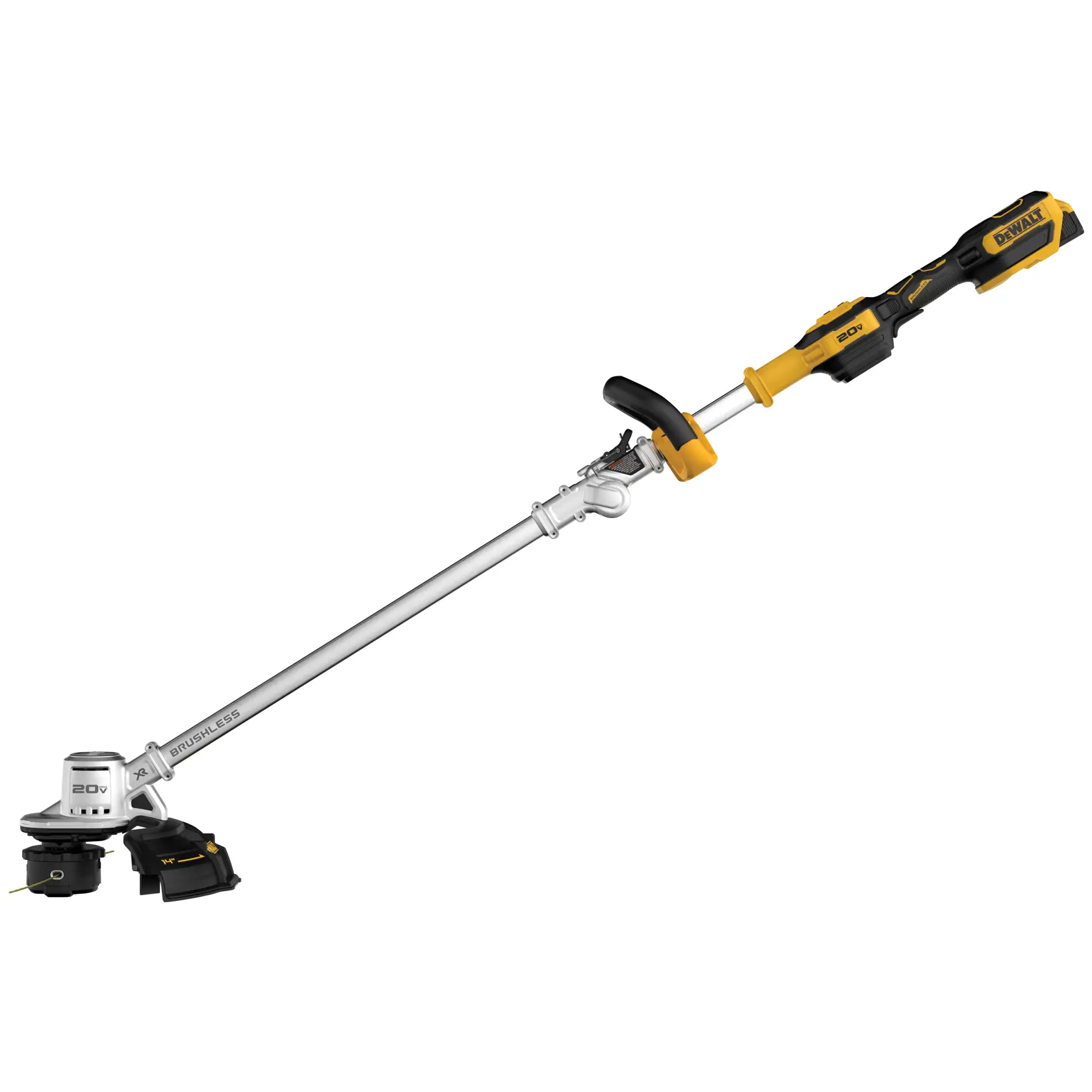 A DEWALT cordless string trimmer with a brushless motor and 20V battery, featuring a yellow and black design and a long adjustable shaft.