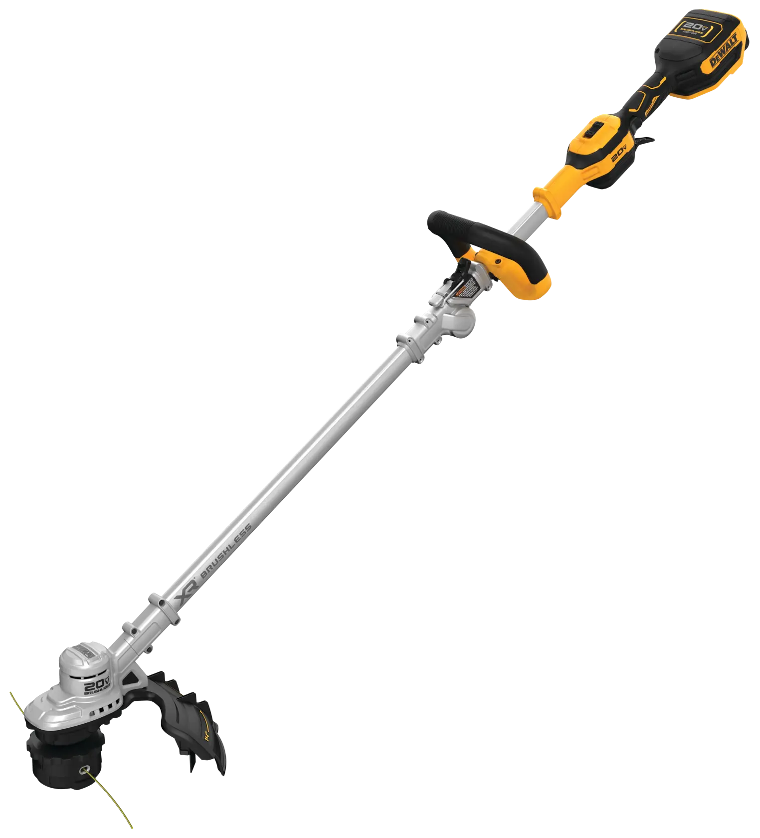 A DEWALT cordless string trimmer with a yellow and black handle, a metal shaft, and a battery pack attached.