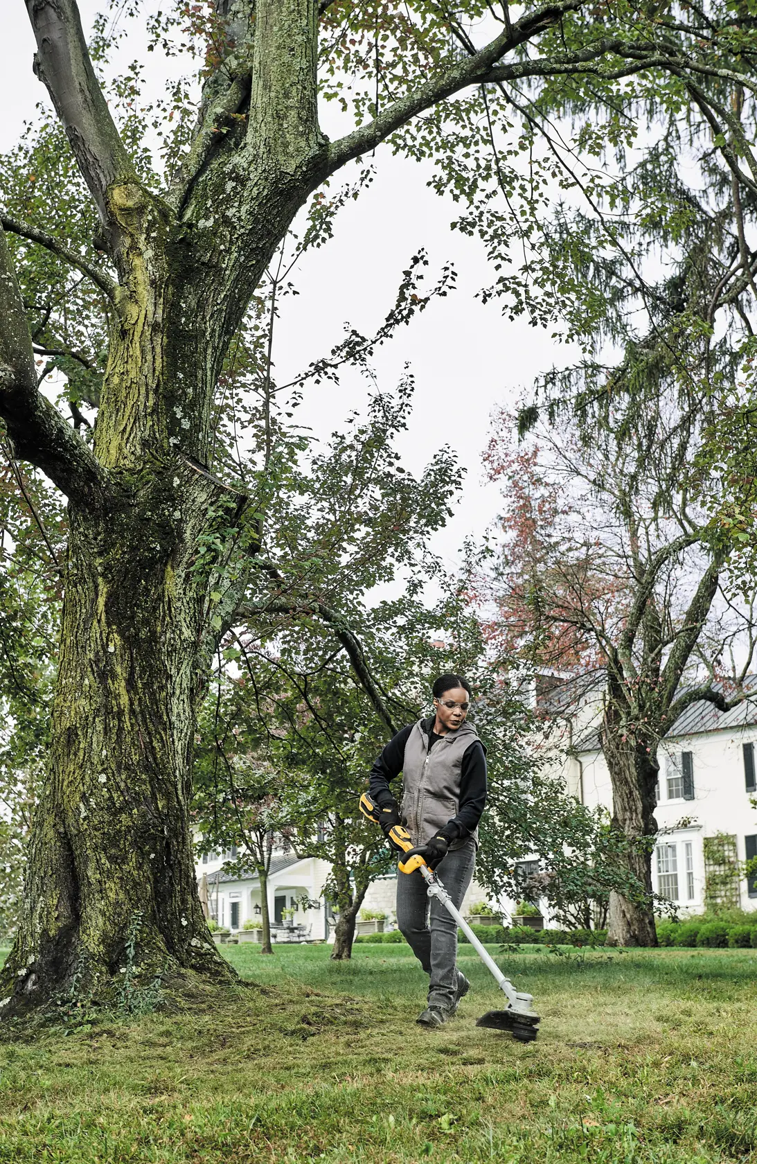 A person using a DEWALT cordless string trimmer to cut grass near a large tree in a yard with houses in the background. The person's face is blurred for privacy.