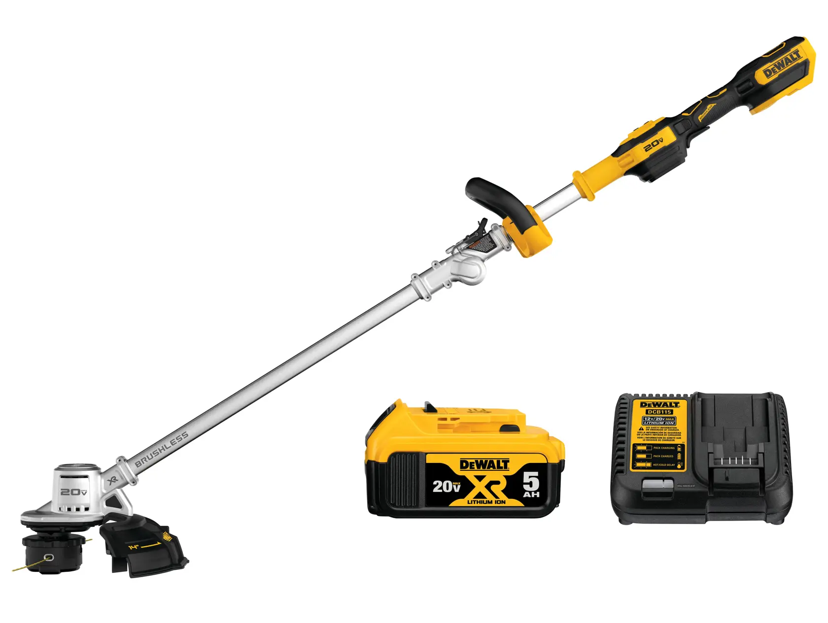 A DEWALT 20V cordless string trimmer with a yellow and black design, shown with its detachable battery and charger.