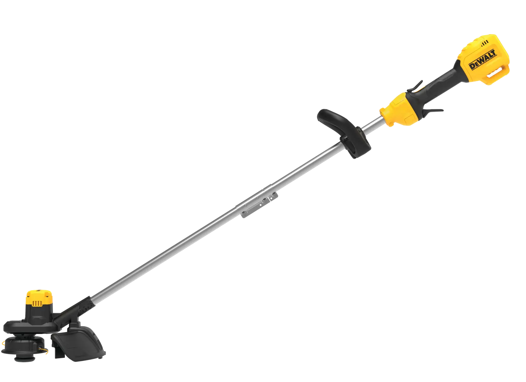 Cordless string trimmer with a yellow and black handle, silver shaft, and cutting head, branded DEWALT.