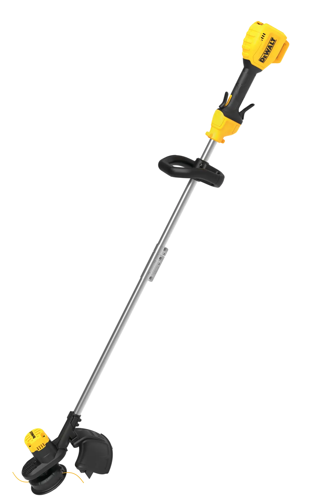 A DEWALT cordless string trimmer with a long silver shaft, black and yellow handle, and black trimming head. The trimmer is designed for cutting grass and weeds.