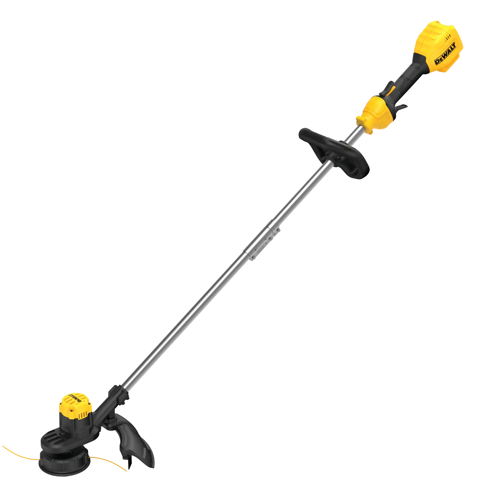 A DEWALT cordless string trimmer with a yellow and black handle, silver shaft, and black trimming head. The trimmer is designed for yard maintenance and landscaping.