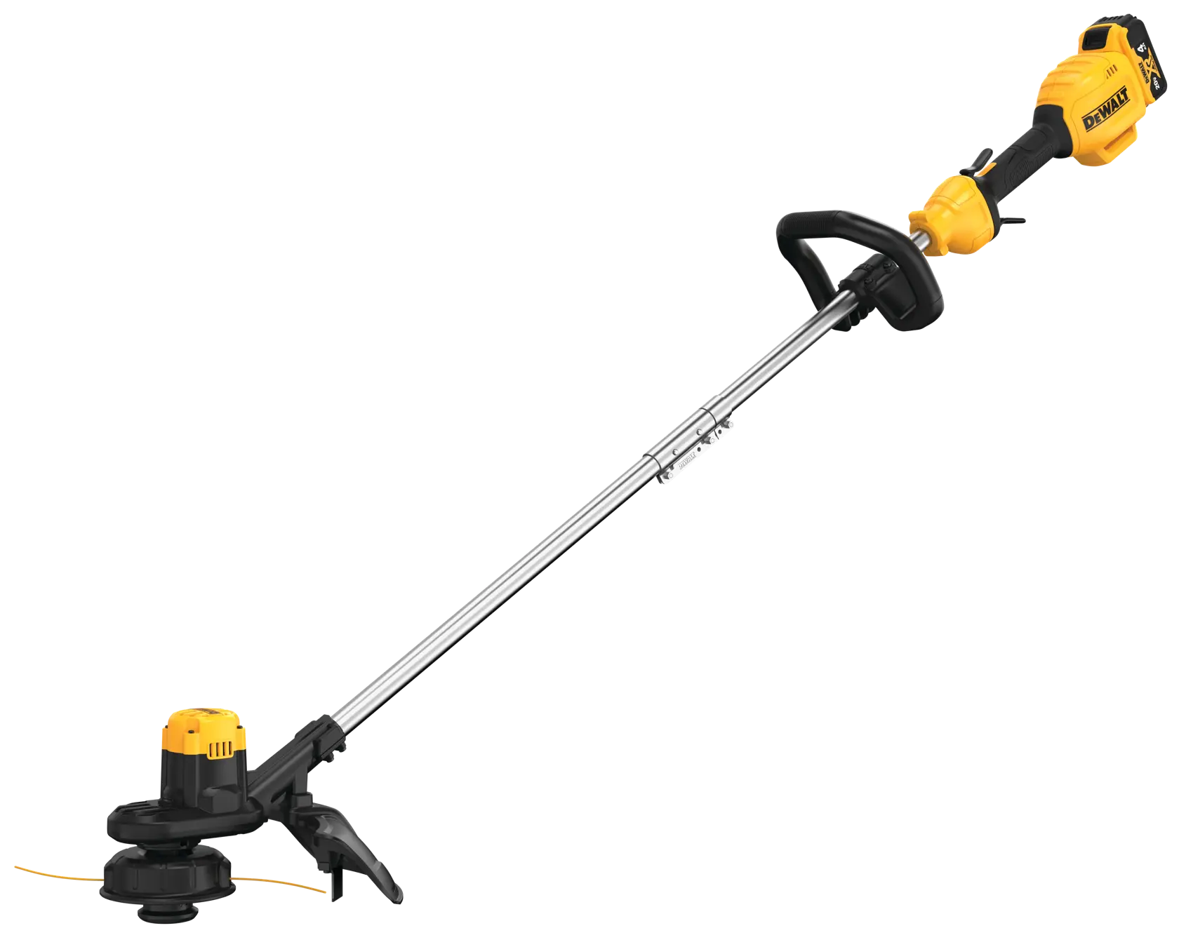 A cordless string trimmer with a yellow and black design, featuring a straight metal shaft and a plastic handle for comfortable use. The product is branded DEWALT.