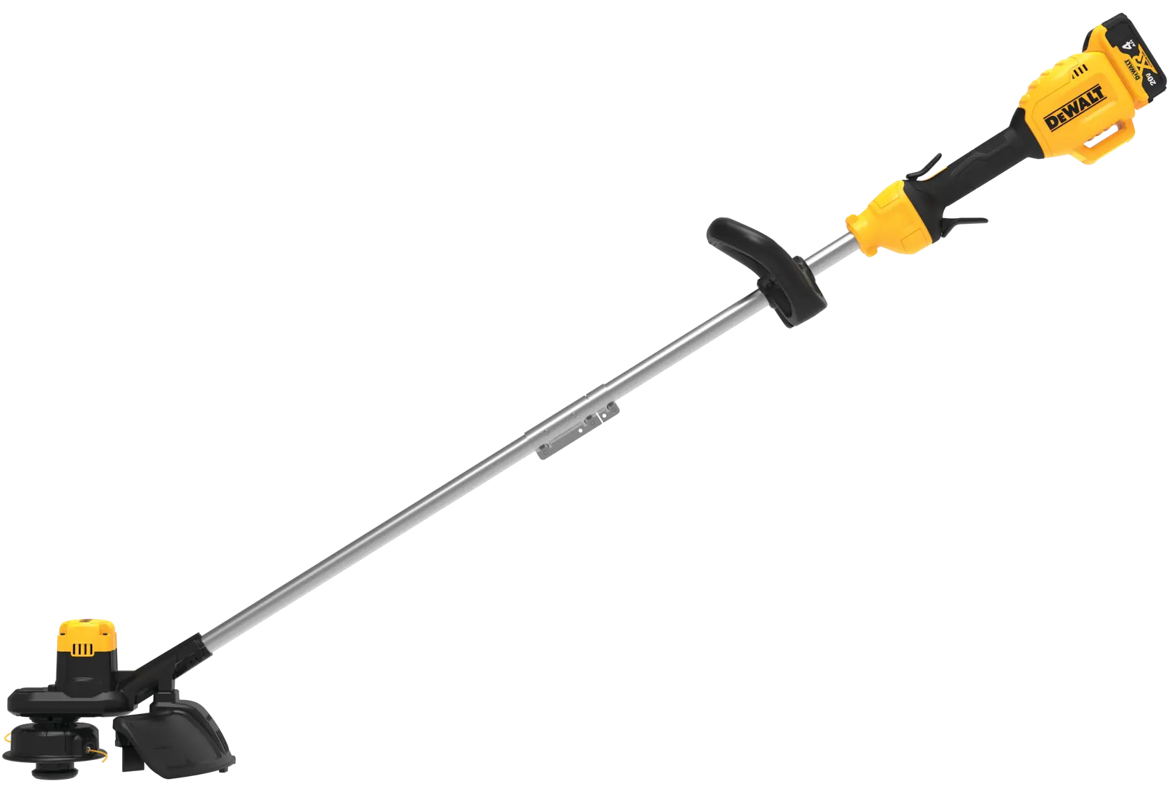 A DEWALT cordless string trimmer with a yellow and black design, featuring a straight shaft and a cutting head at the base. The battery is attached to the handle.