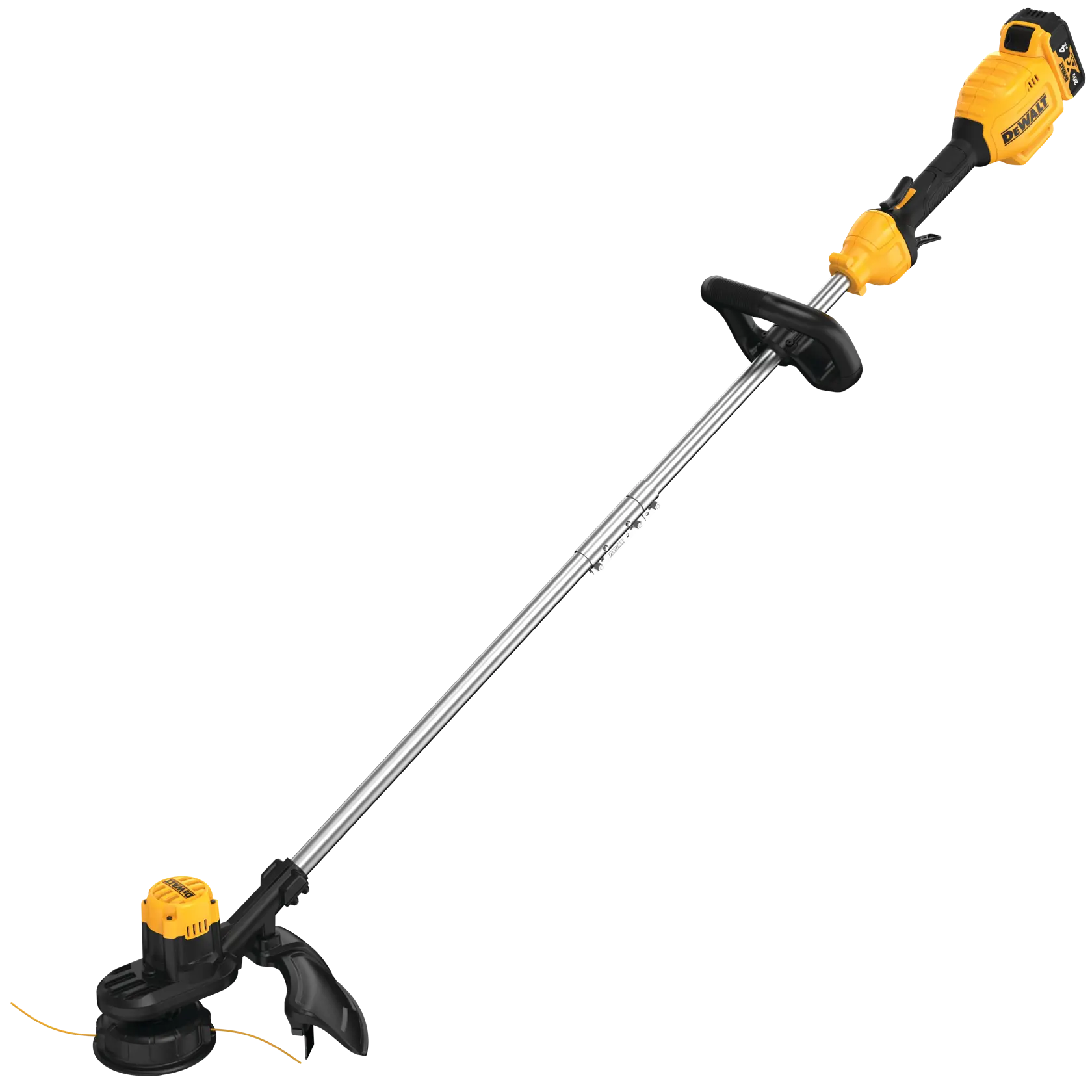 A DEWALT cordless string trimmer with a yellow and black handle and long silver shaft, designed for outdoor garden and lawn maintenance.
